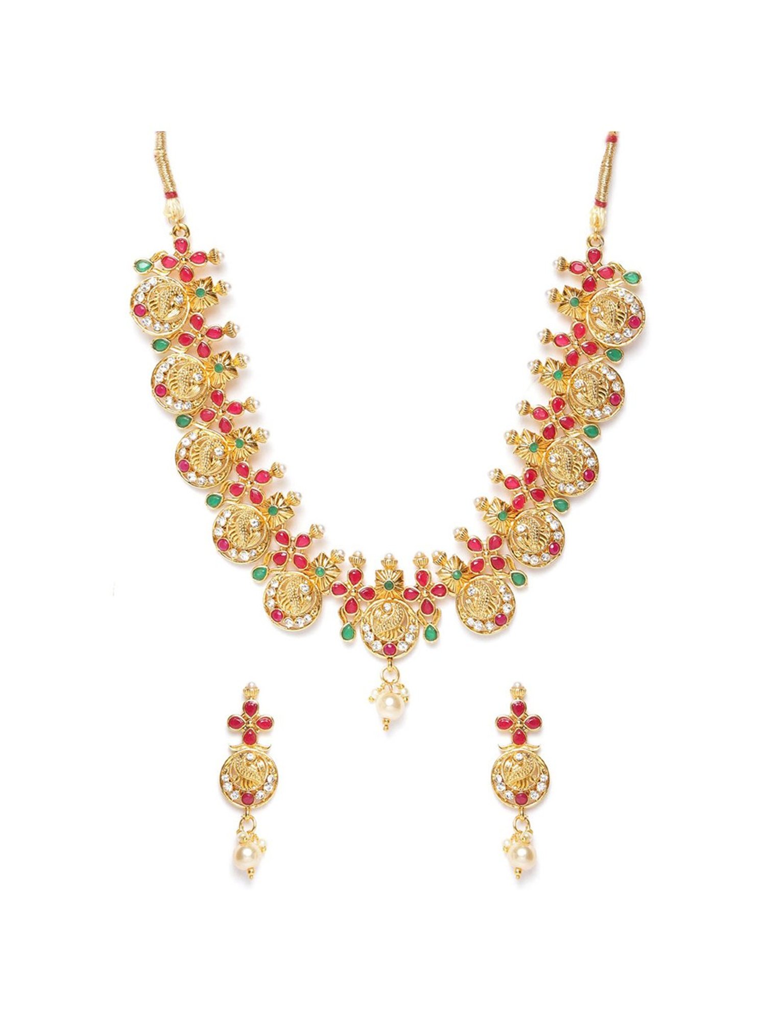 Zaveri Pearls Green & Pink Stones Peacock Inspired Pearls Choker Necklace & Earring Set-ZPFK9557