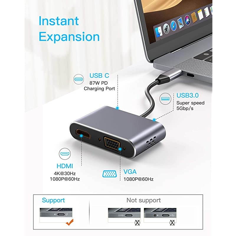 USB C to VGA Adapter USBC to HDMI Hub Adapter Thunderbolt 3 Compatible for MacBook ProAiripad ProDell XPSNintendo Switch