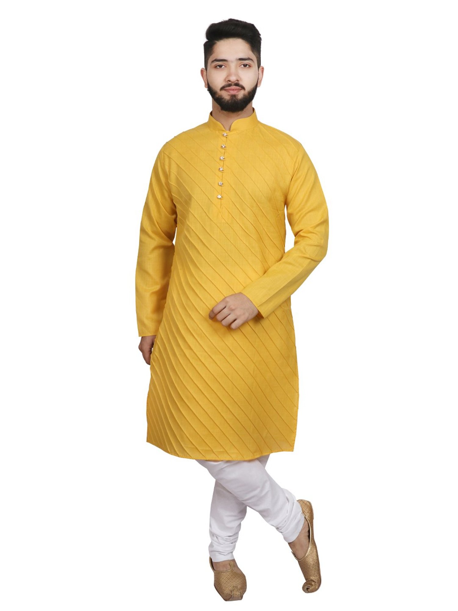 SG LEMAN Yellow & White Cotton Regular Fit Self Pattern Kurta Set