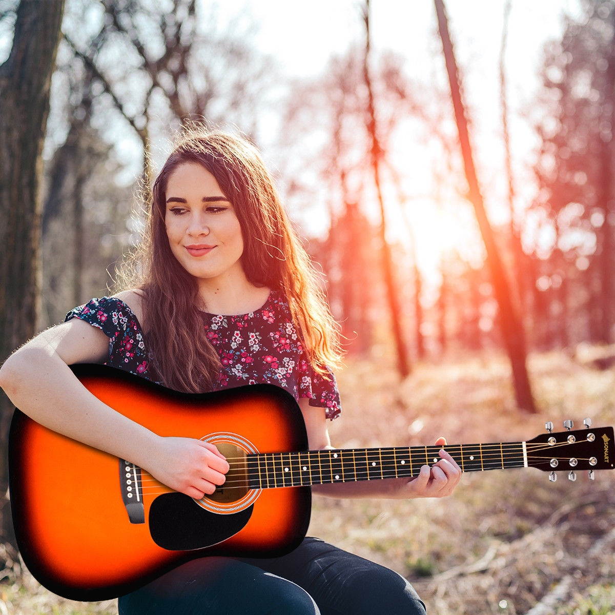 Costway Sonart 41" Acoustic Folk Guitar 6 String w/Case Strap Pick Strings for Beginners