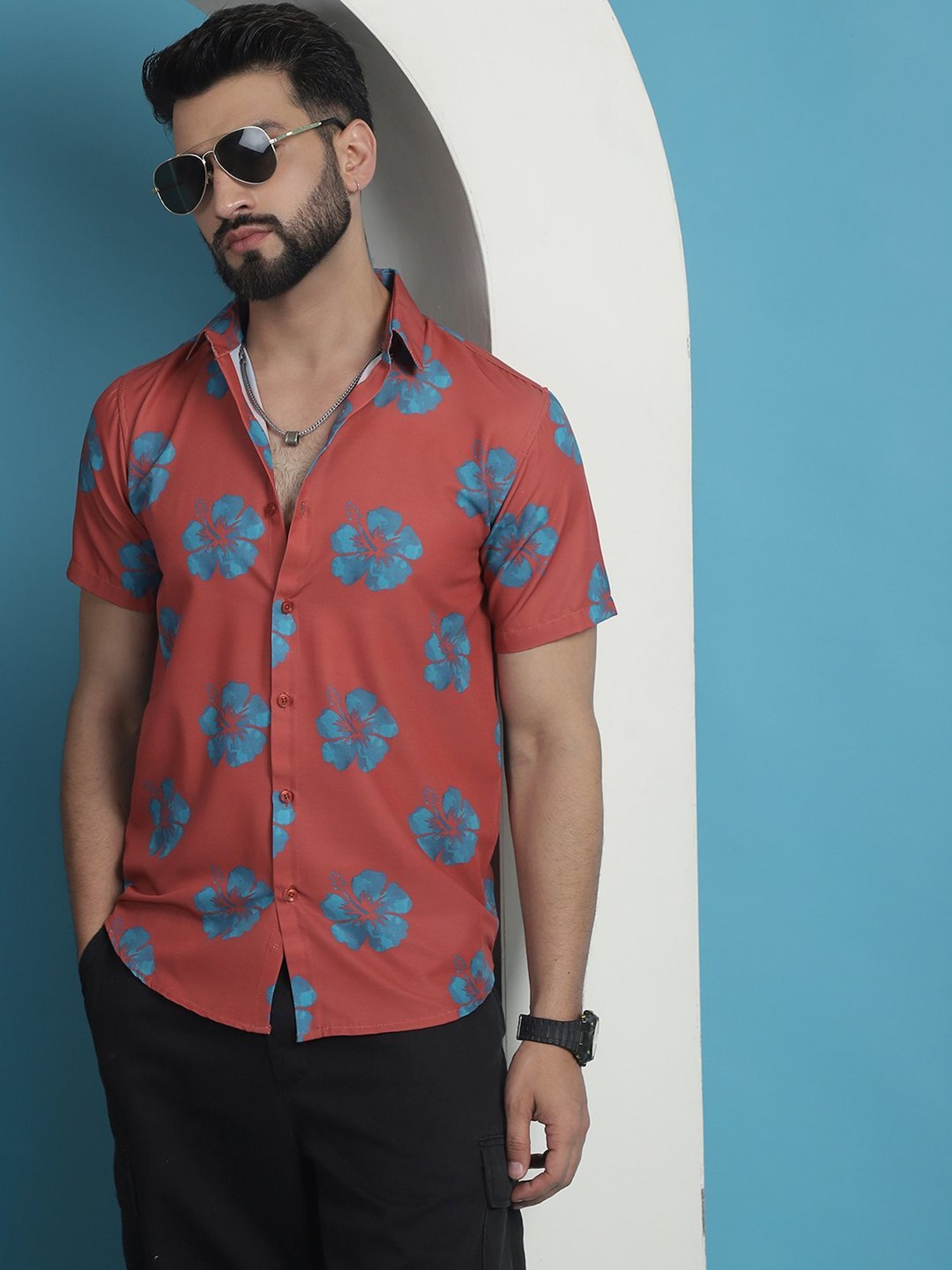 Indian Needle Coral Cotton Regular Fit Floral Print Shirt