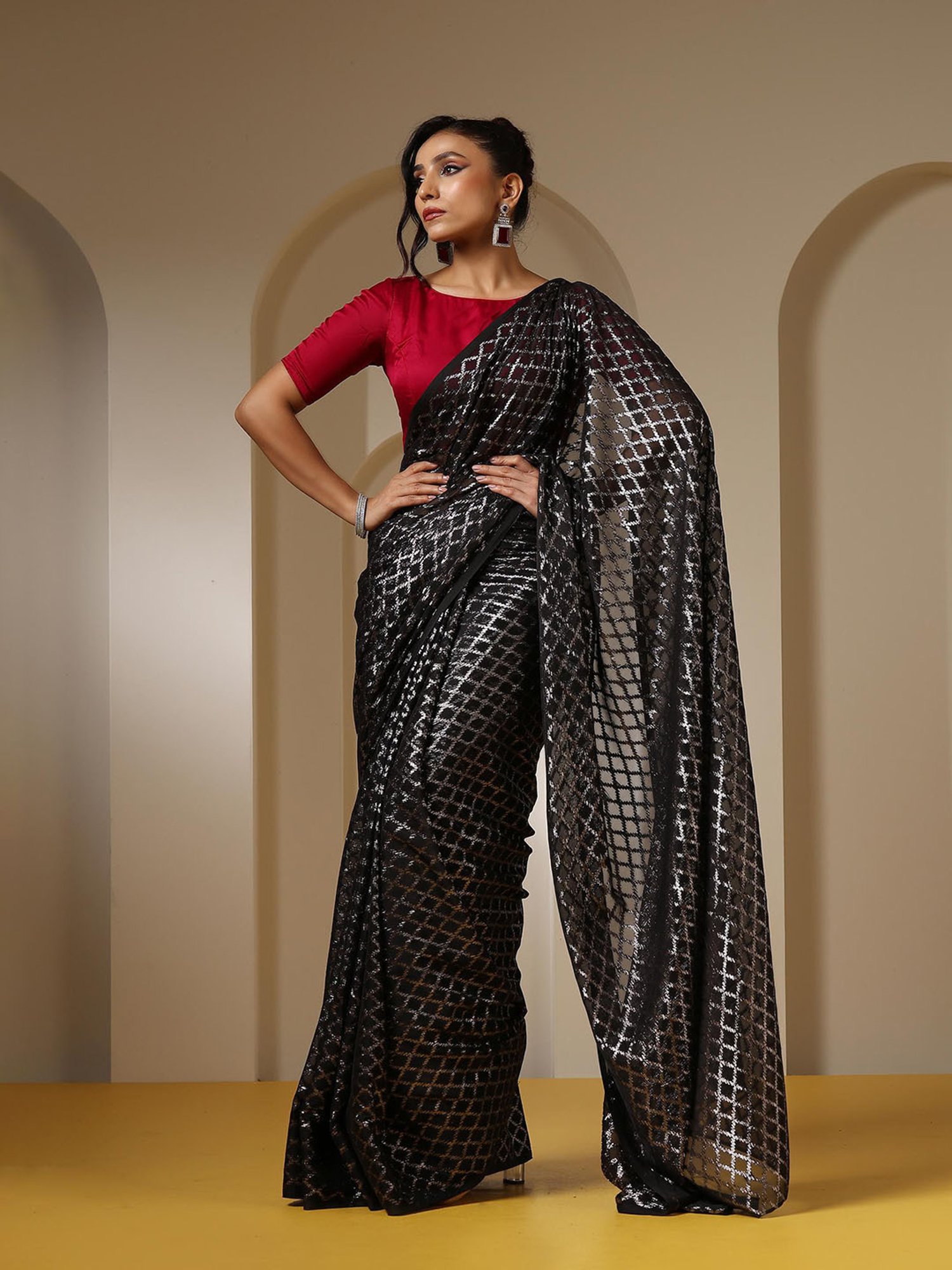 Swtantra Black Check Chiffon Saree With Red Unstitched Blouse