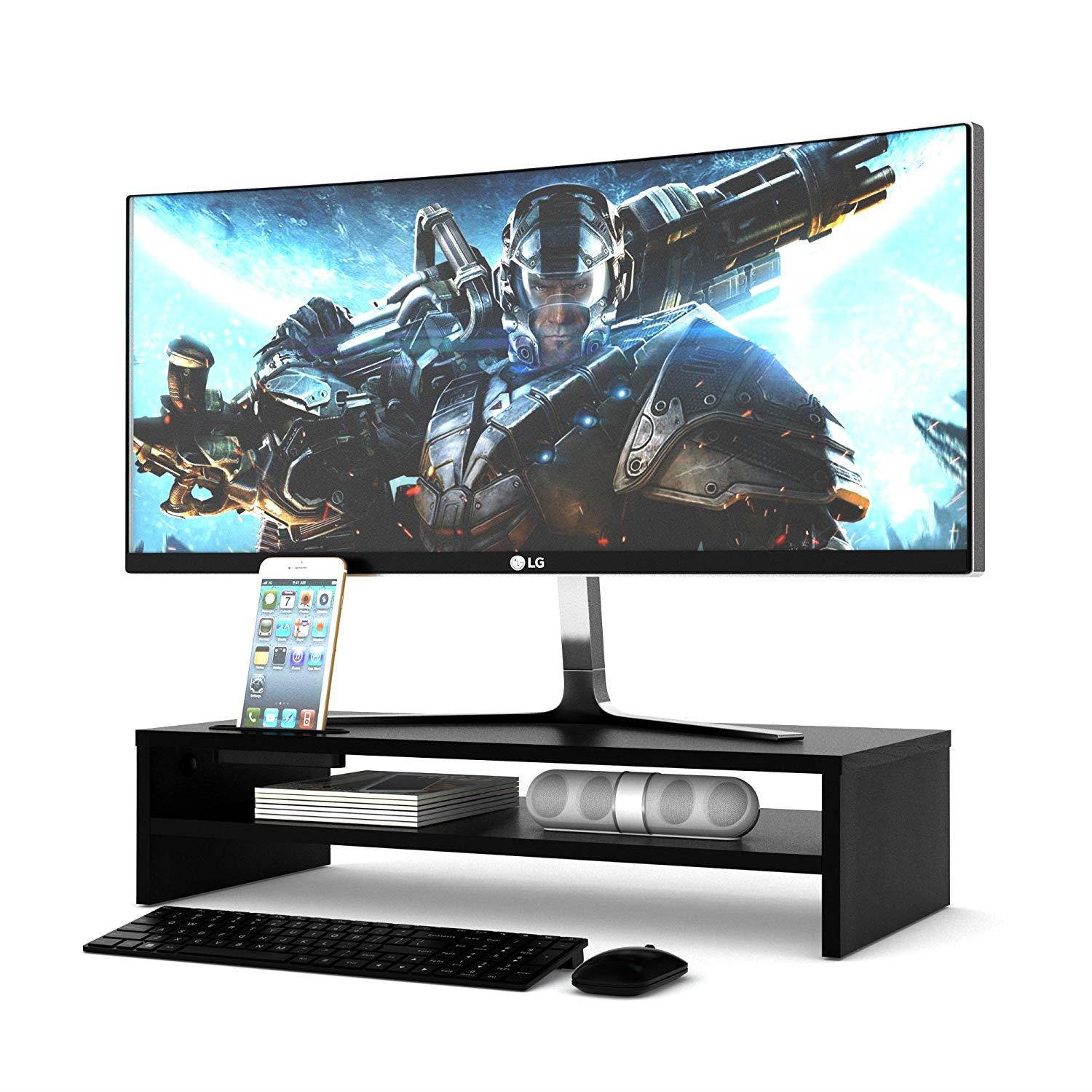 1homefurnit Wood Monitor Stand Riser Desk Storage Organizer, Speaker TV Laptop Printer Stand with Cellphone Holder and Cable Management, 21.3 inch 2 Tiers Shelves Black