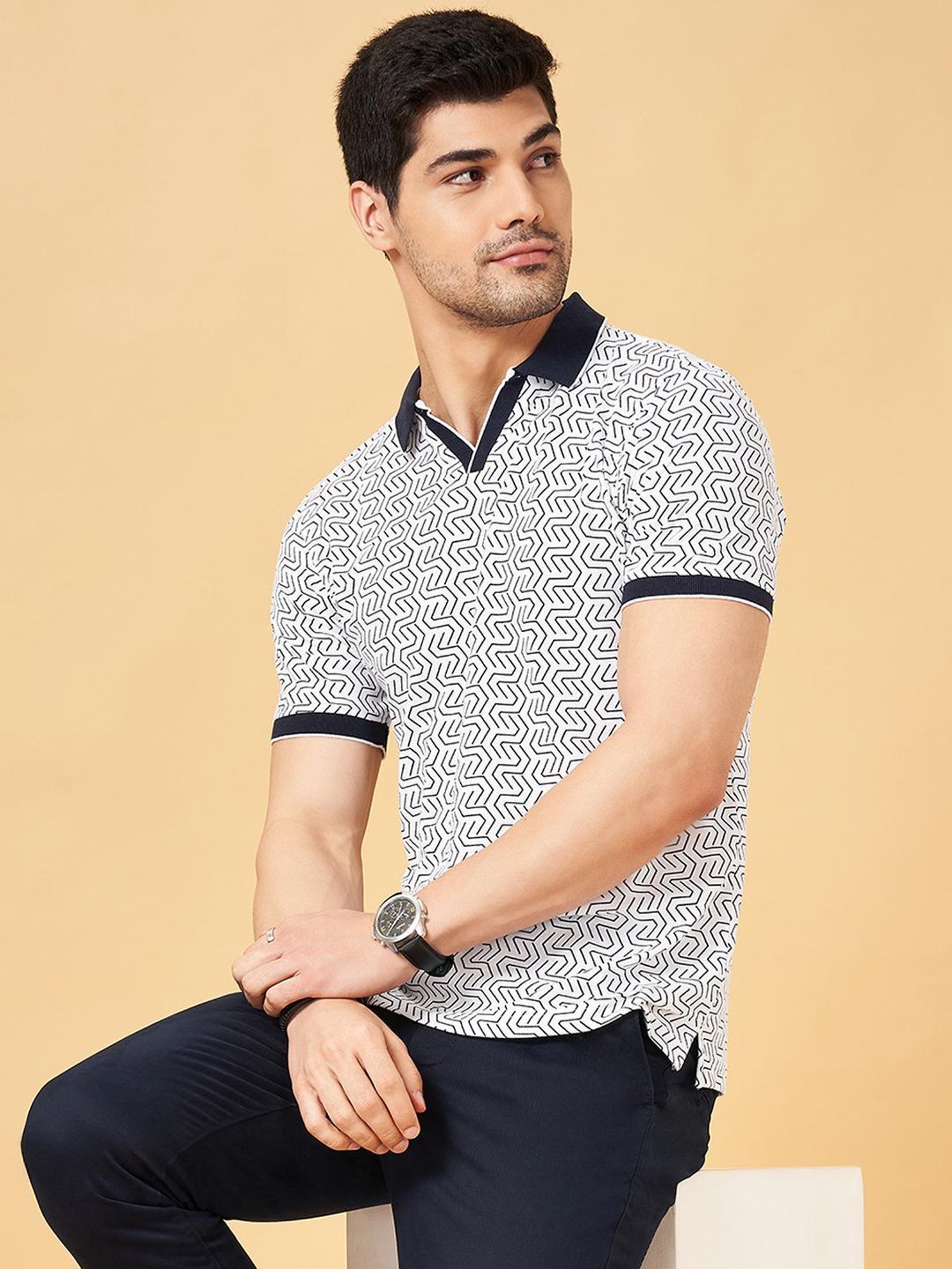 Byford By Pantaloons White Slim Fit Printed Polo T-Shirt