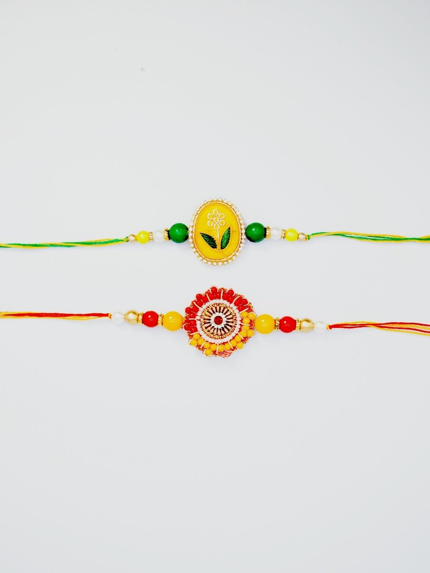 Fida Designer Handmade Yellow Green Beeded & Rakhi for Unisex - Set of 2