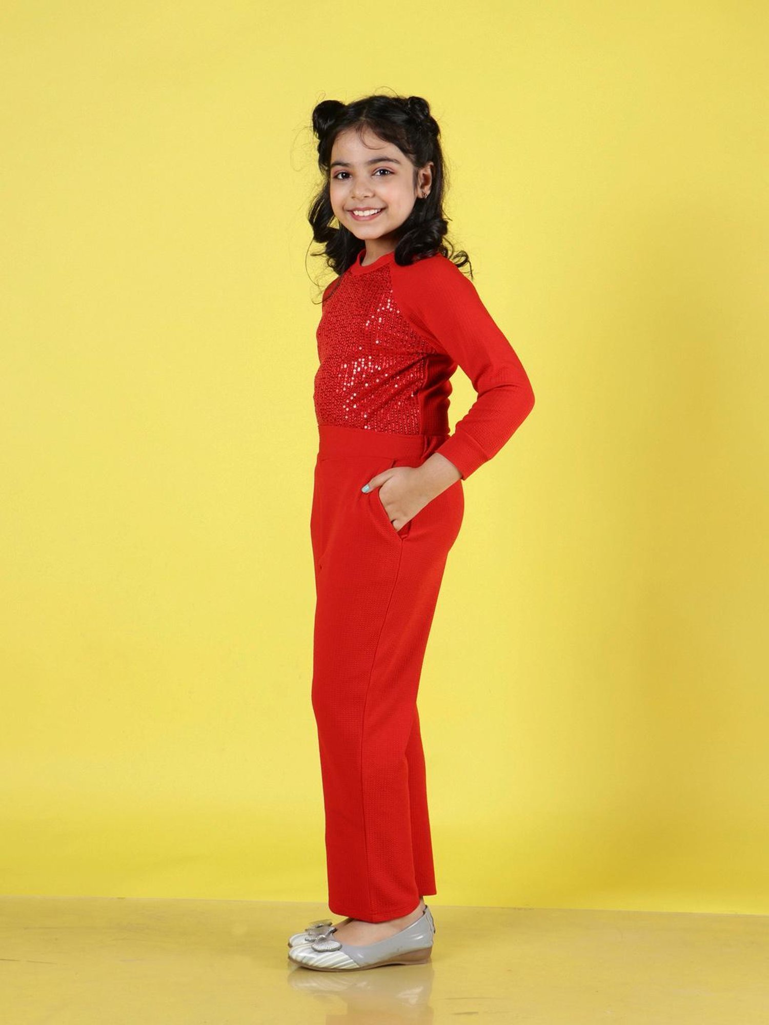 NEUDIS Kids Red Embellished Full Sleeves Top with Trousers