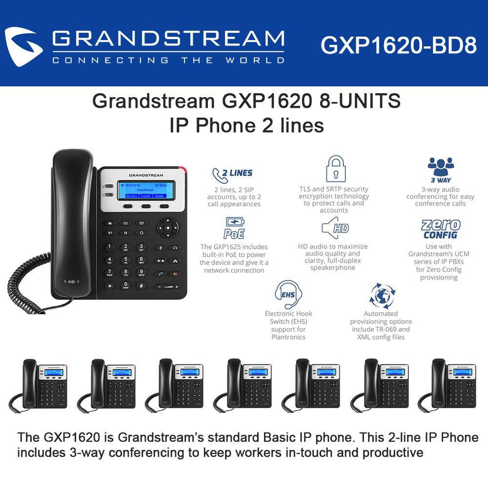 Grandstream GXP1620, 8-UNITS 2 SIP acct., SMB IP Phone 3-way, Multi-language