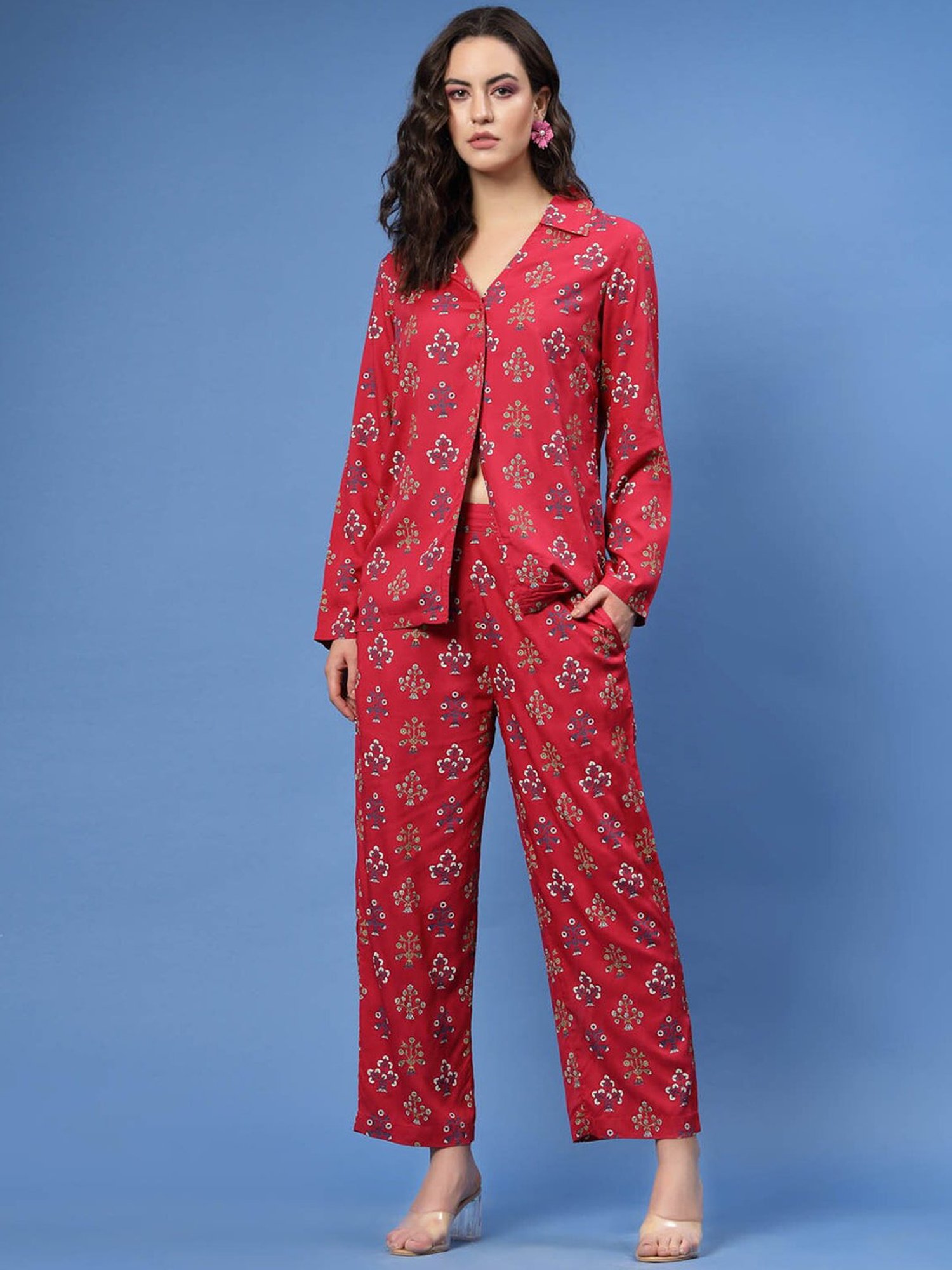 Melon by PlusS Red Floral Print Shirt With Trousers