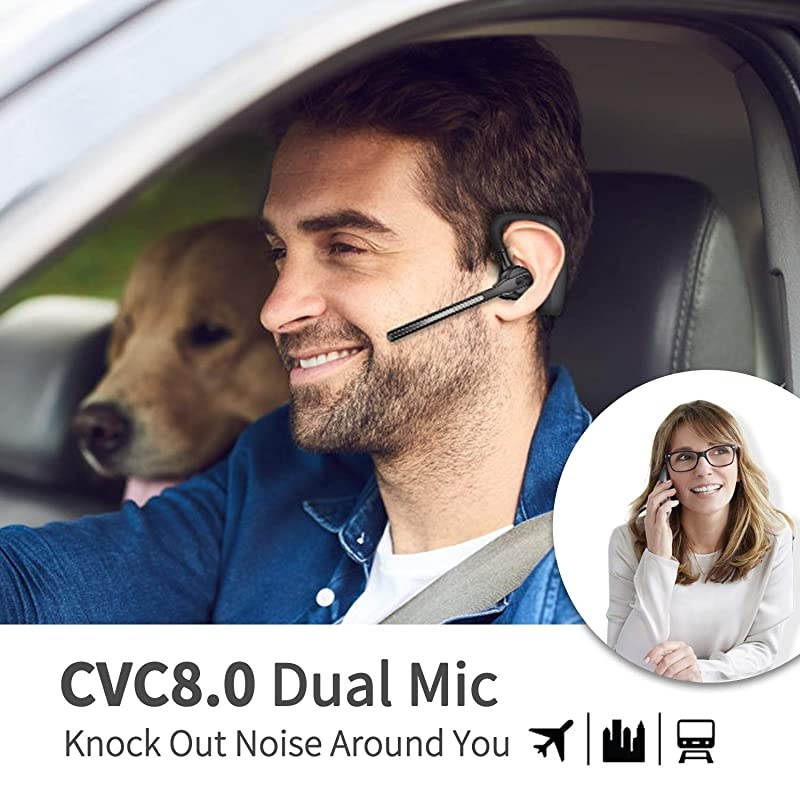 Headset 50 with CVC80 Dual Mic Noise Cancelling Earpiece 16Hrs Talktime Wireless Headset HandsFree Earphone for Truck Driver iPhone Android Cell Phones