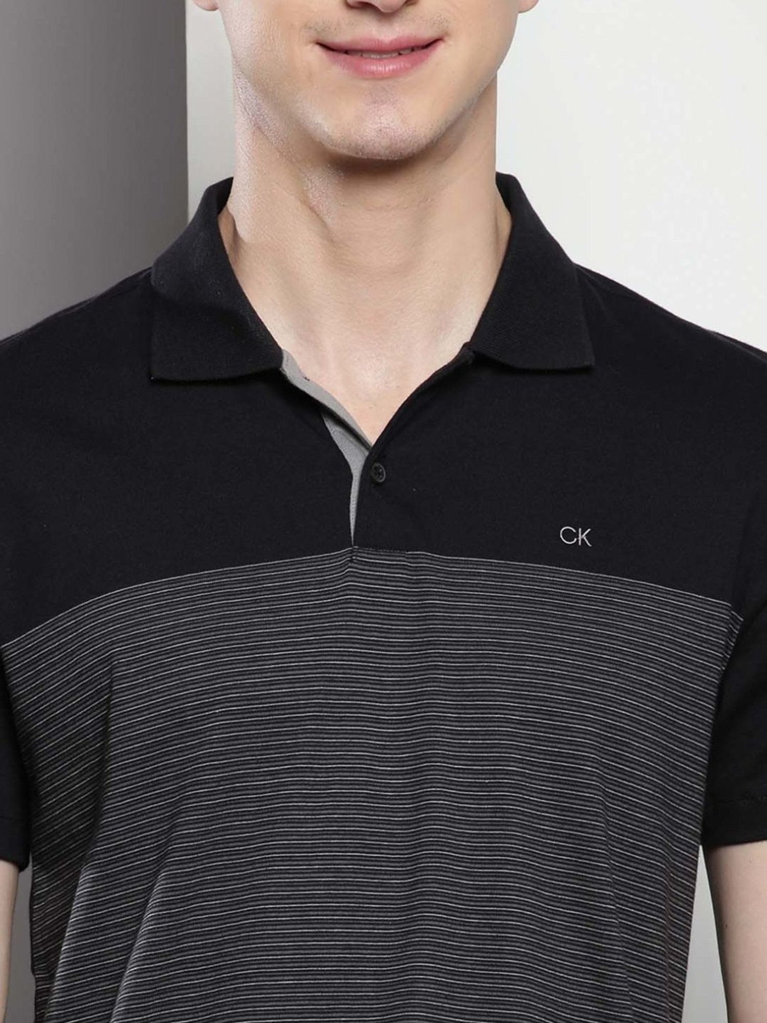 Calvin Klein Black Beauty Cotton Regular Fit Striped Polo T-Shirt
