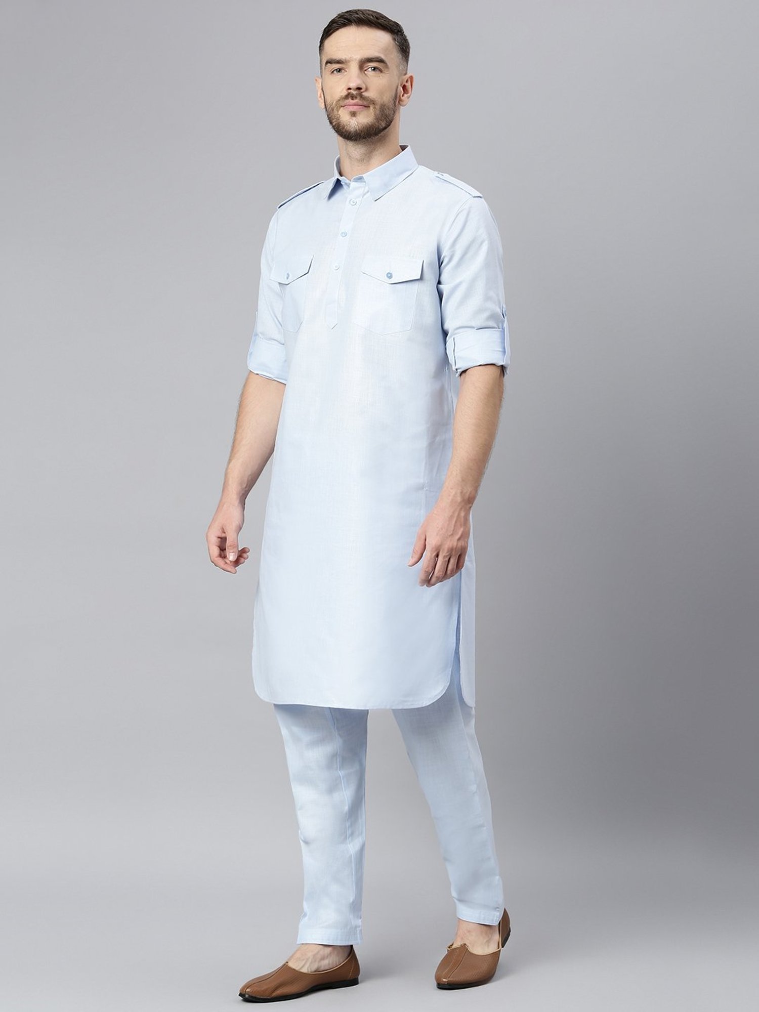 Hangup Blue Solid Full Sleeves Pathani Kurta Set
