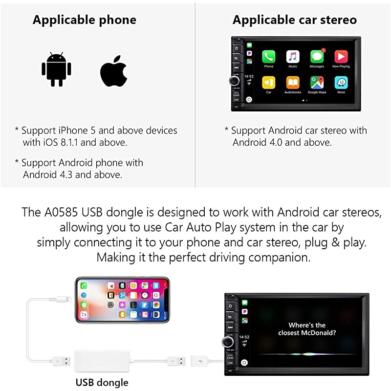 2021- A0585 Android Auto and Car Play Autoplay Dongle for  Android10/ 8.0/8.1/9.0 Car Radio GA93 Car Radio and GA9465,GA9480A,GA9453,GA9463,GA9451,GA9449 Etc.