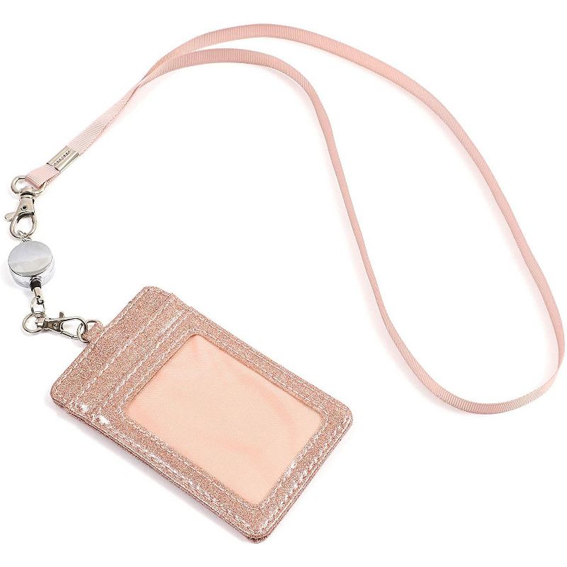 Retractable ID Badge Holder with Lanyard, 2 Card Slots, Rose Gold Glitter PU Leather, 4.9" x 2.75"