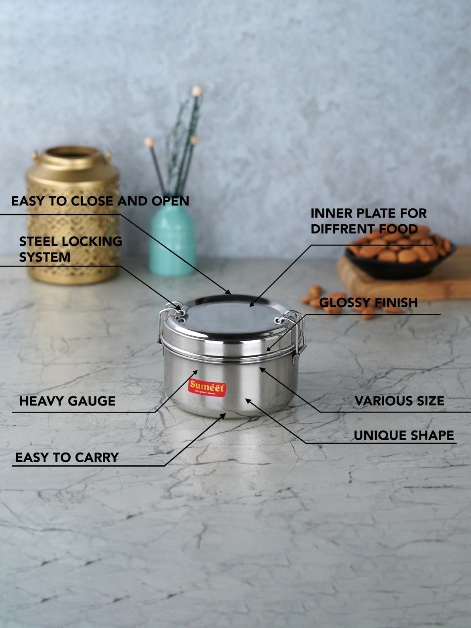 Sumeet S.S. Meal Pack Lunch Box/Tiffin Locking Clip, Set of 2Pc, 300ML each, 11.5cm Dia,