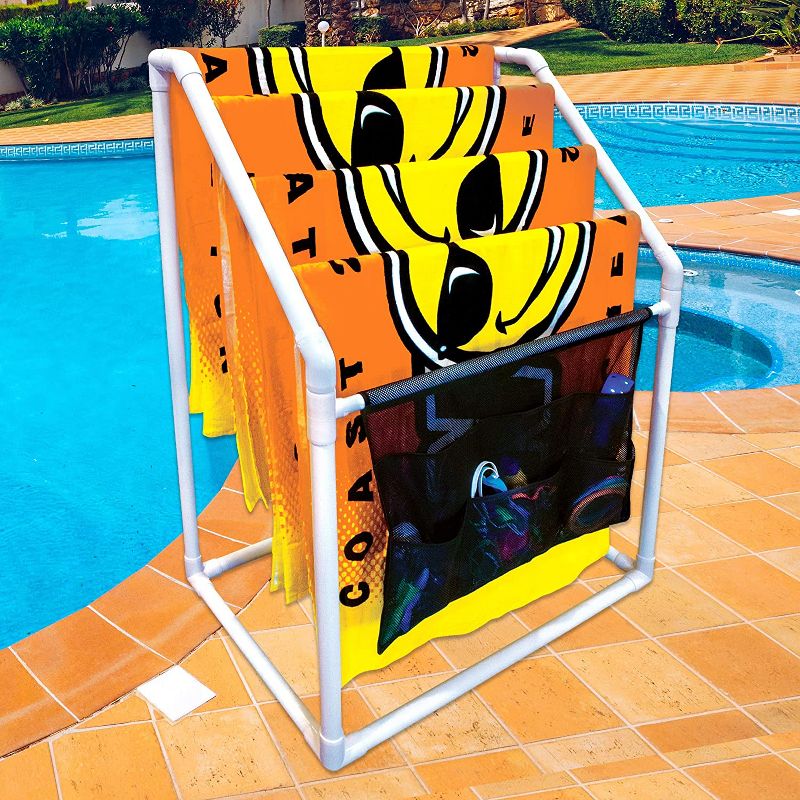 WOW Watersports Indoor or Outdoor Free Standing Collapsible Heavy Duty 5 Rail Towel Rack w/ Hanging Pocket & Storage Bag for Pool Accessories, White