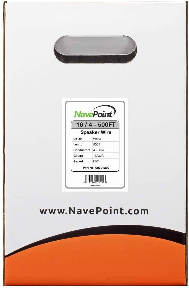NavePoint 500ft in Wall Audio Speaker Cable Wire CL2 16/4 AWG Gauge 4 Conductor Bulk White