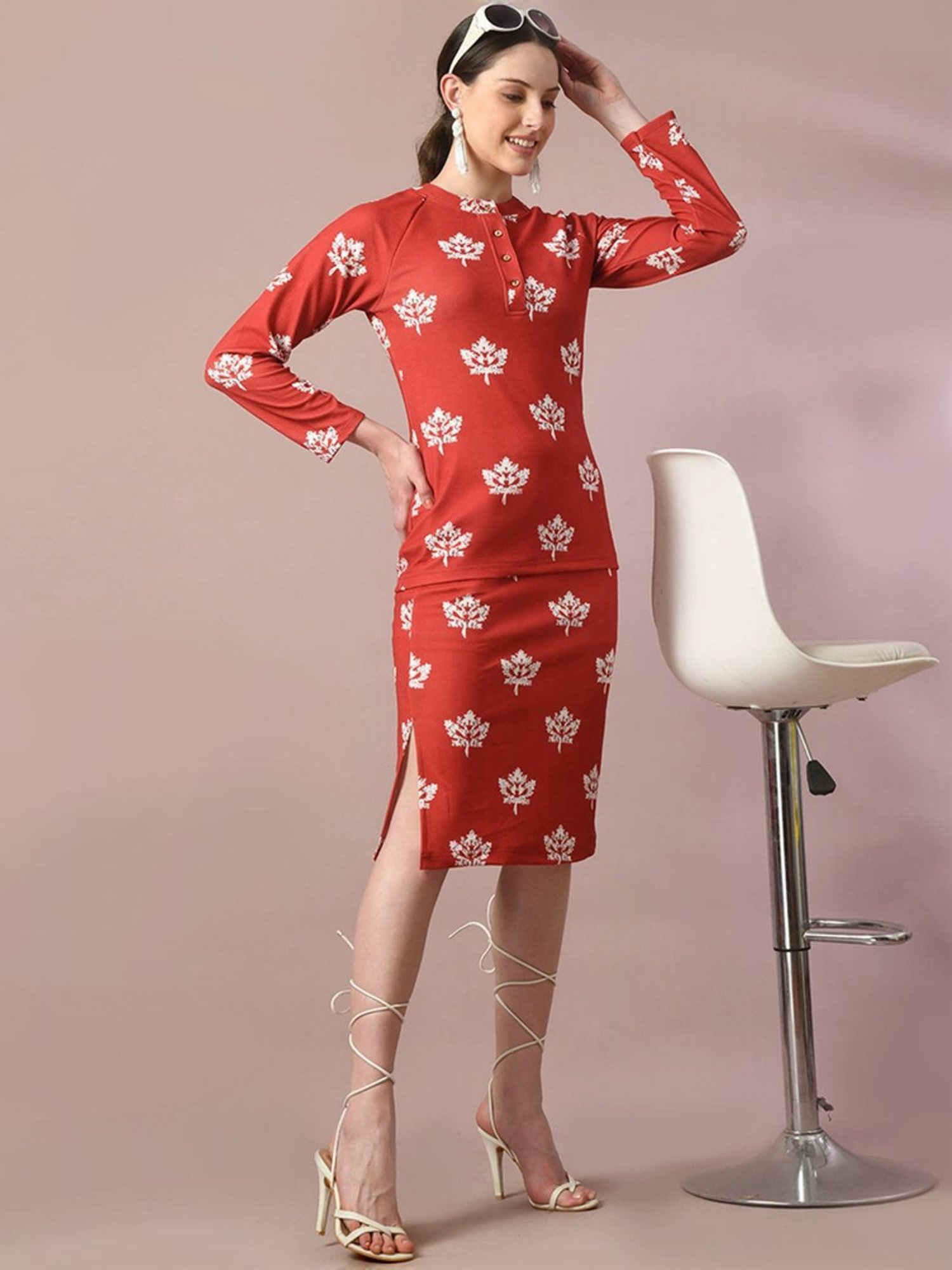 Myshka Red Floral Print Top Skirt Set