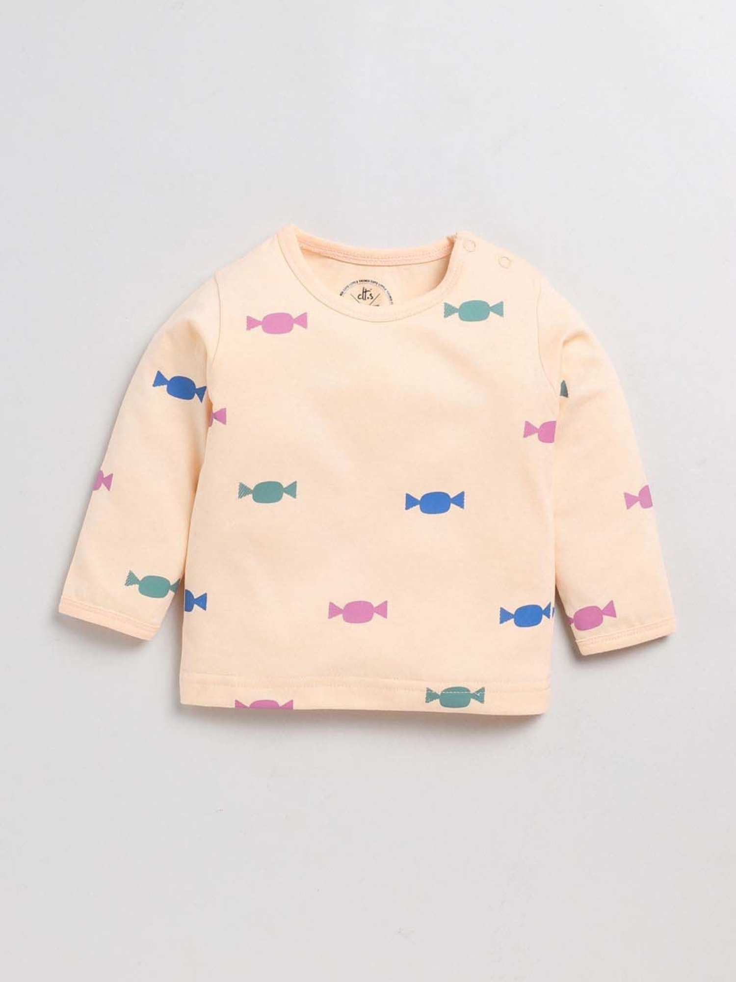 Clt.s Boys Peach Cotton Printed Full Sleeves Top Set
