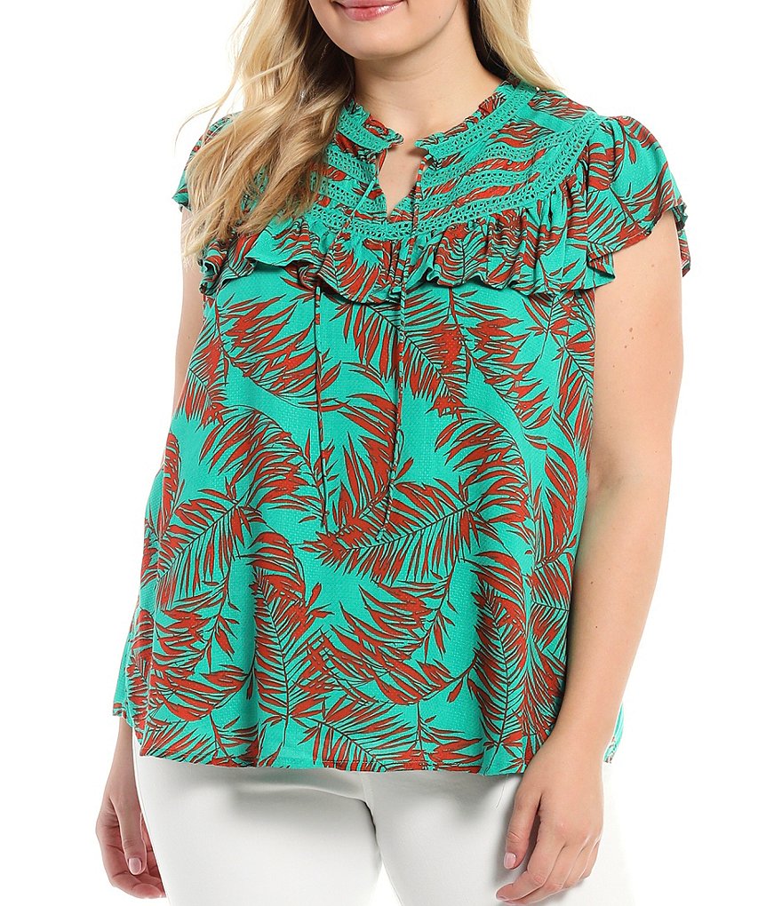 Jessica Simpson Plus Size Lori Banana Leaves Print Lace Trim Ruffle Yoke Stand Ruffle Split Round Neck Cap Sleeve Detail Top