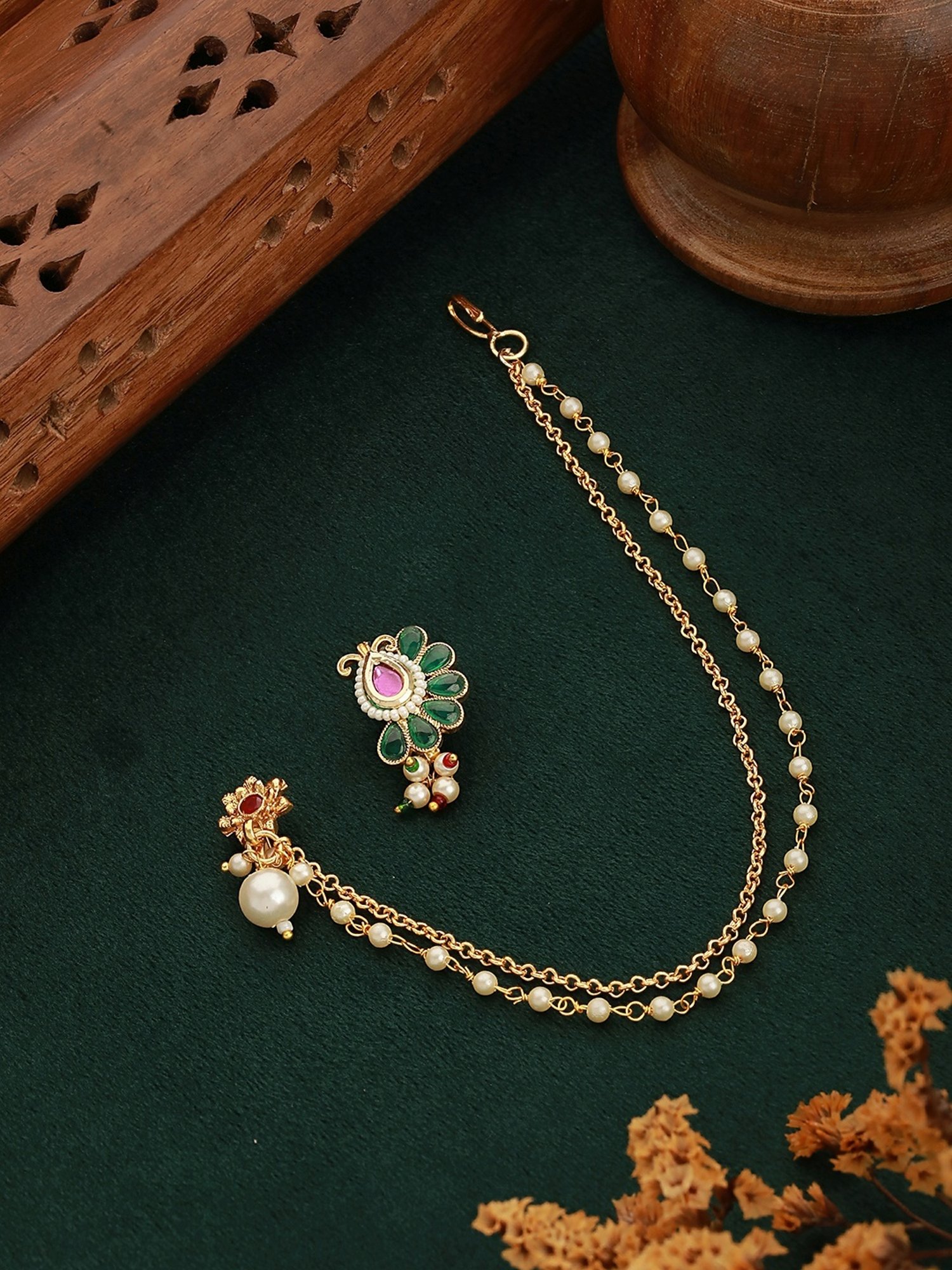 Aatmana Green & Pink Gold-Plated White Kundan Nosepin - Set of 2