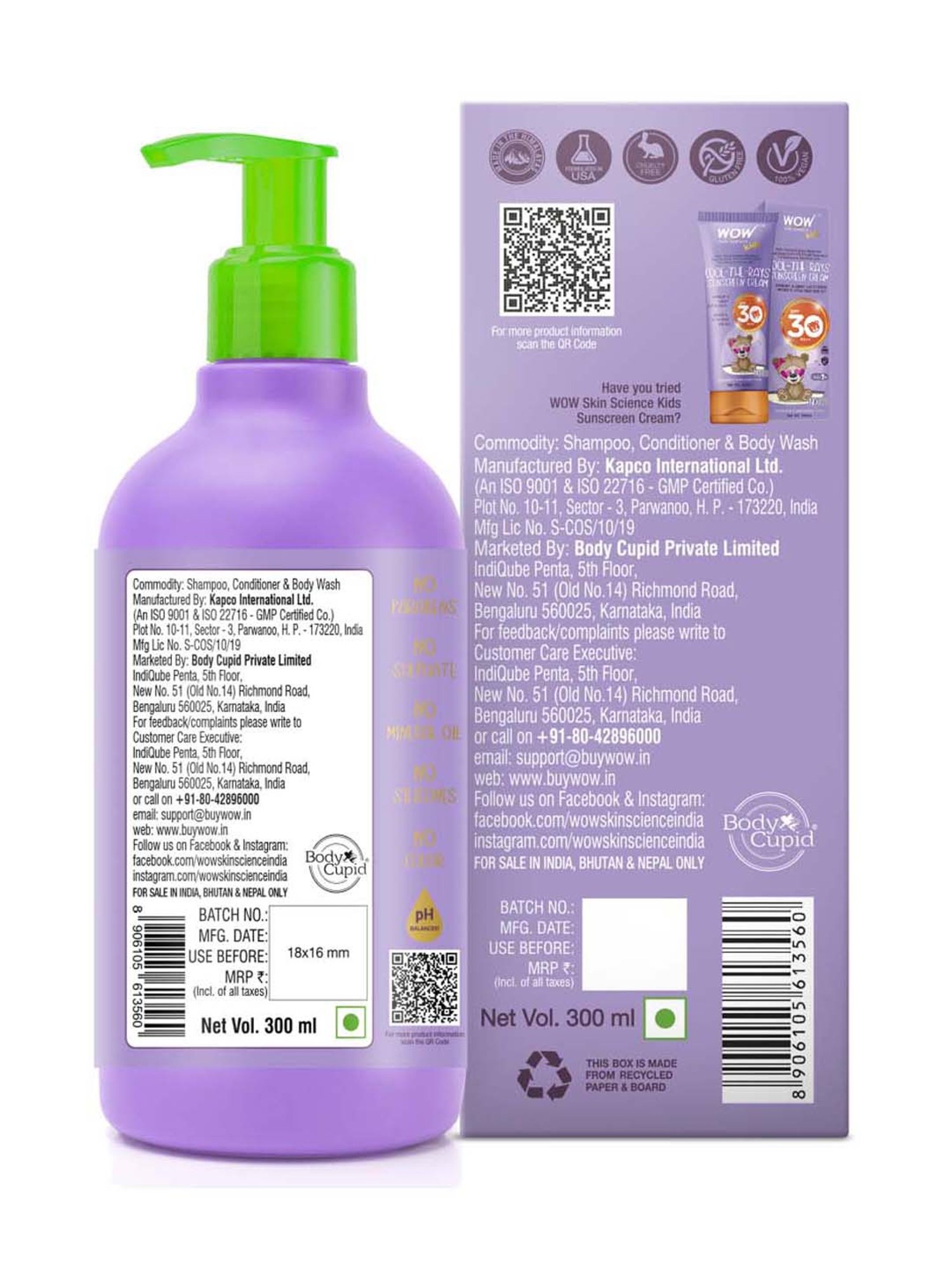 Wow Skin Science Kids 3 in 1 Tip to Toe Wash (Blueberry) - 300 ml