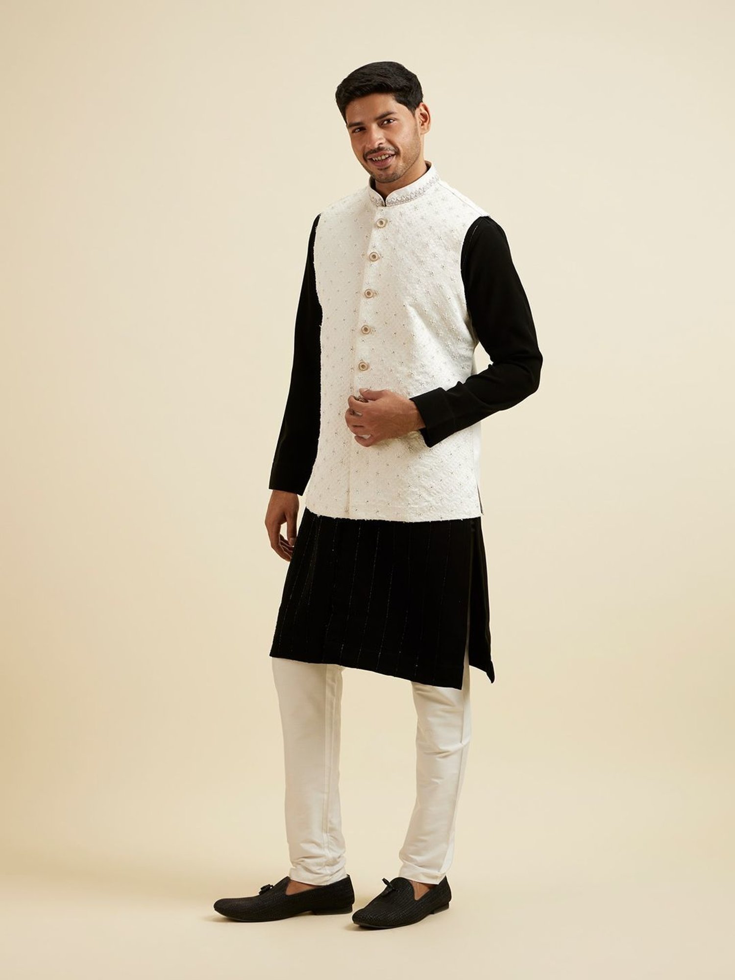 Manyavar White Regular Fit Embellished Nehru Jacket