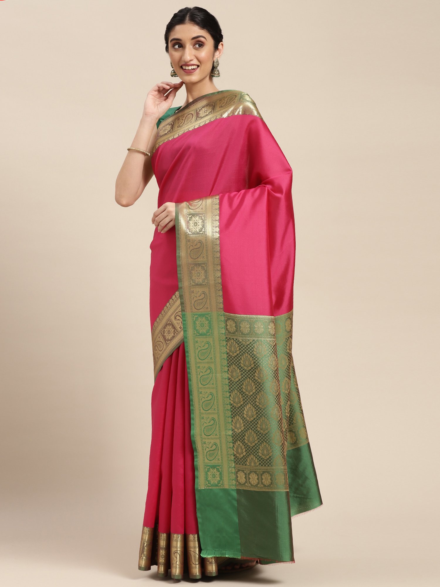 Banarasi Silk Works Pink Woven Saree With Unstitched Blouse