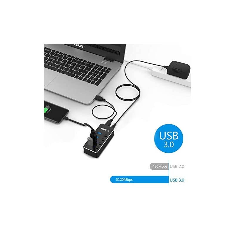USB C Hub Powered 4 Port USB Splitter Portable Aluminum USB Data 30 Hub with Individual OnOff Switches 4Ports