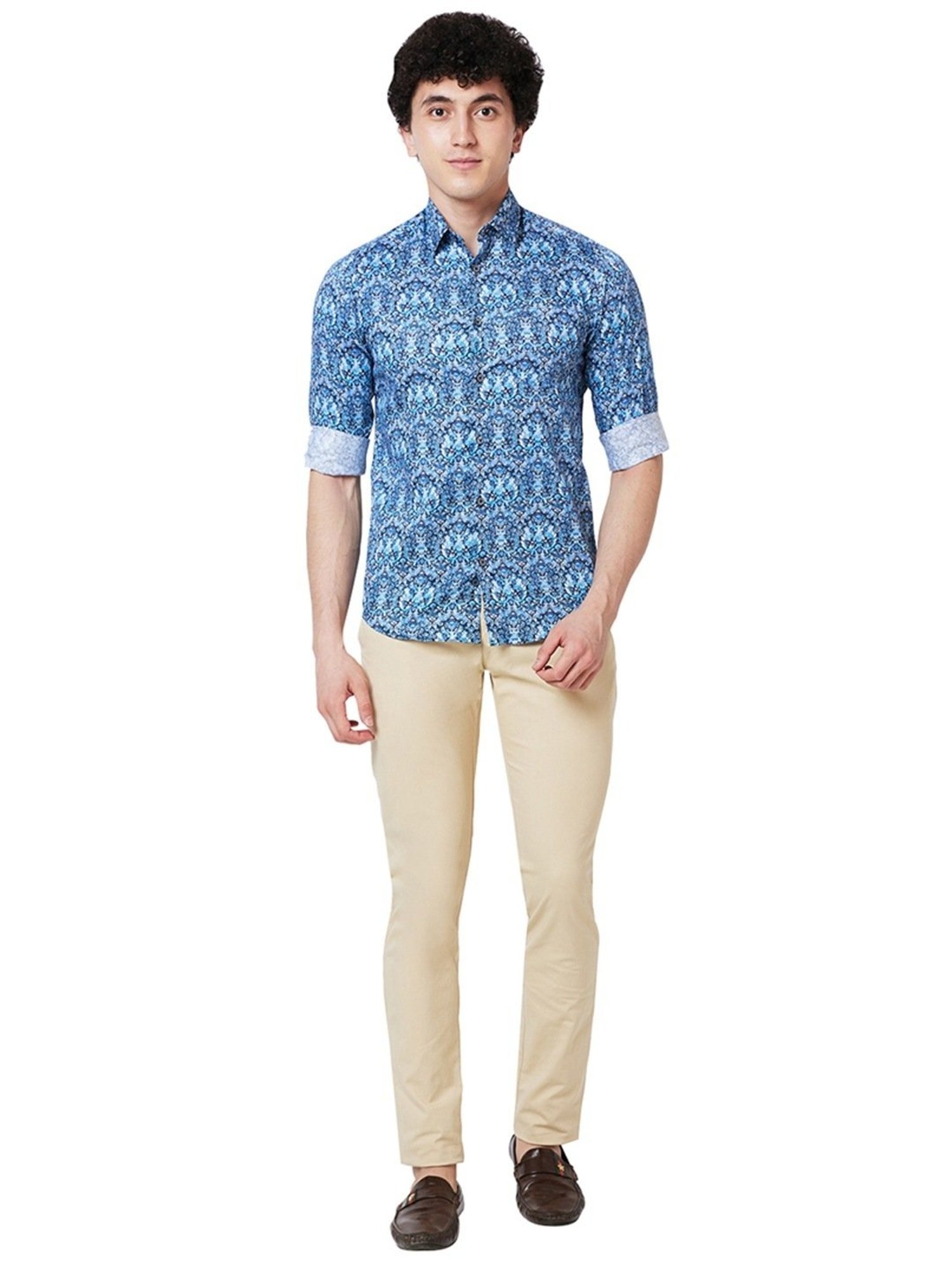 ColorPlus Blue Cotton Contemporary Fit Printed Shirt