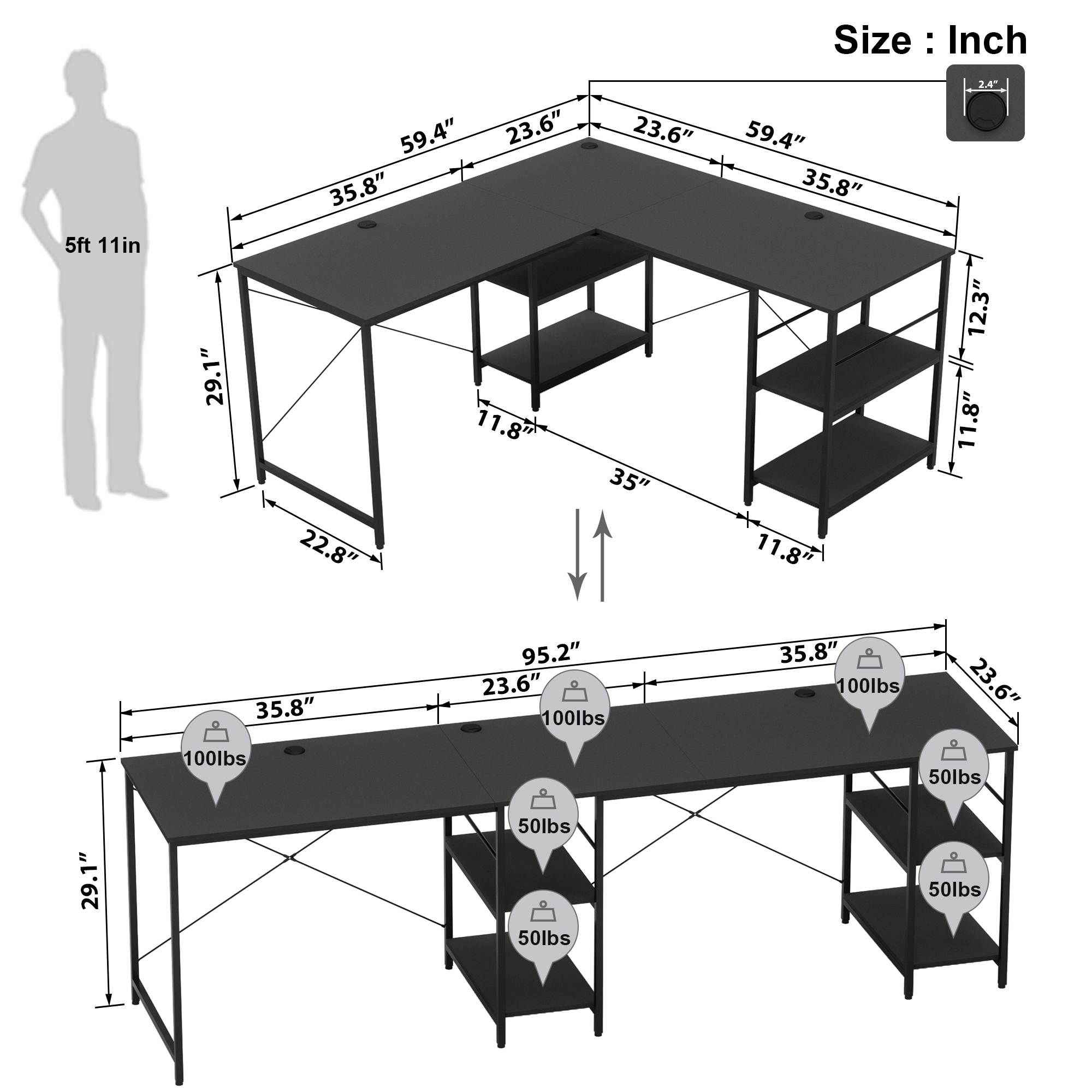 Bestier L Shaped Desk with Shelves 95.2 Inch Reversible Corner Computer Desk or 2 Person Long Table for Home Office Large Gaming Writing Storage Workstation P2 Board with 3 Cable Holes, Grey Oak