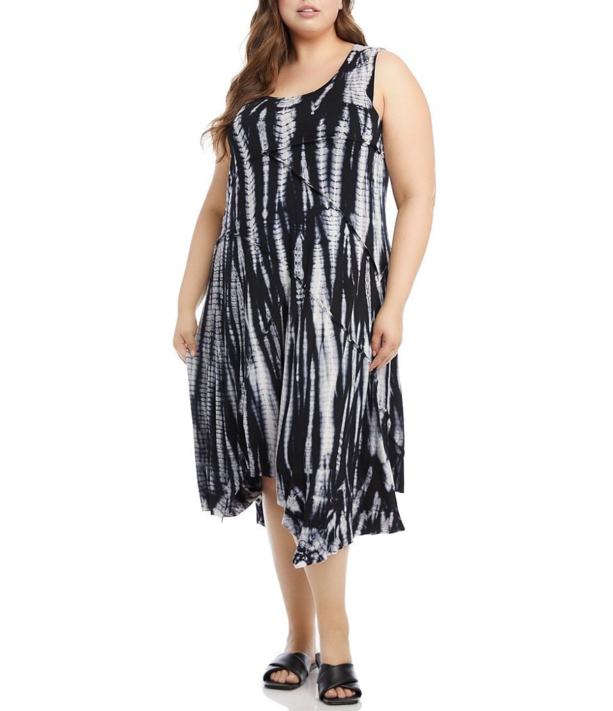Karen Kane Plus Size Tie Dye Scoop Neck Sleeveless Seamed Asymmetrical Hem Dress
