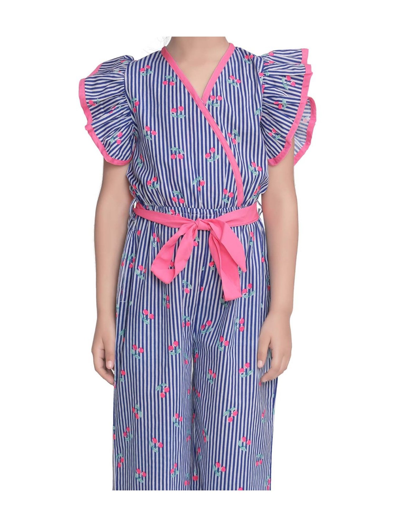 StyleStone Kids Blue Cotton Floral Print Jumpsuit