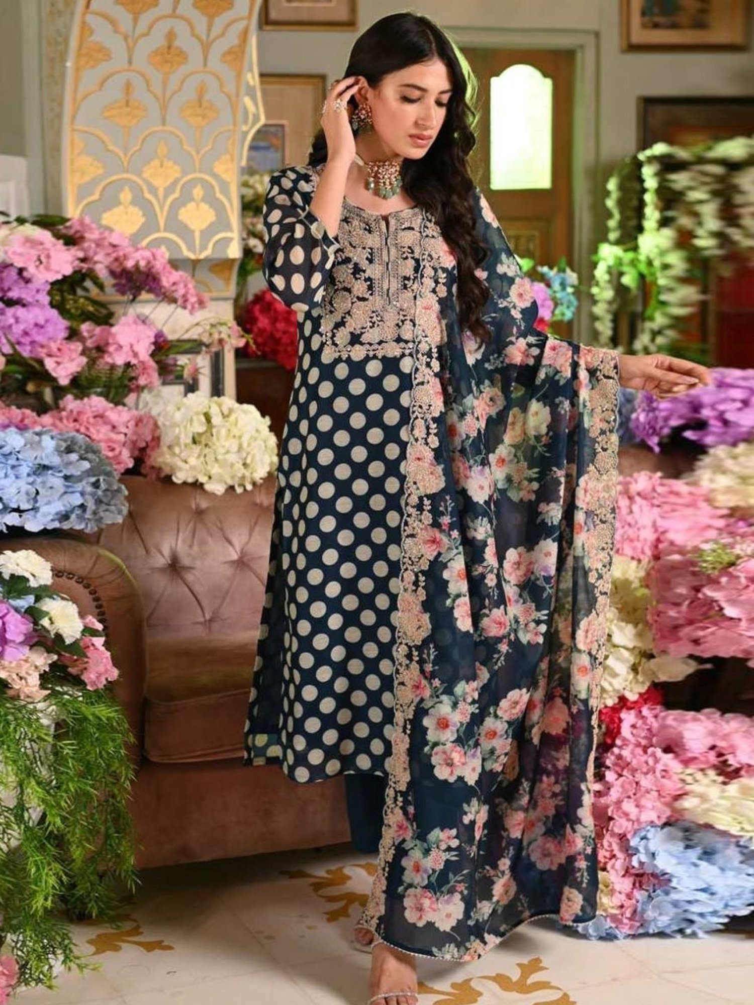 Mahee Jaipur Blue Polka Dot Chanderi Kurta with Pant and Dupatta