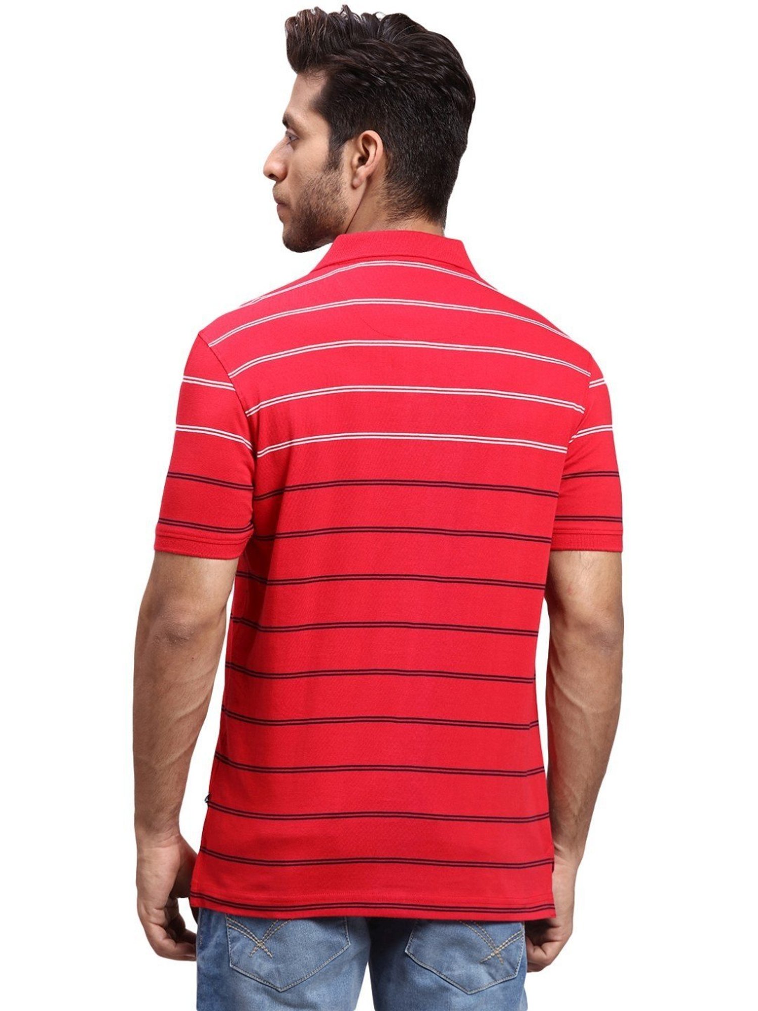Parx Red Regular Fit Striped Polo T-Shirt