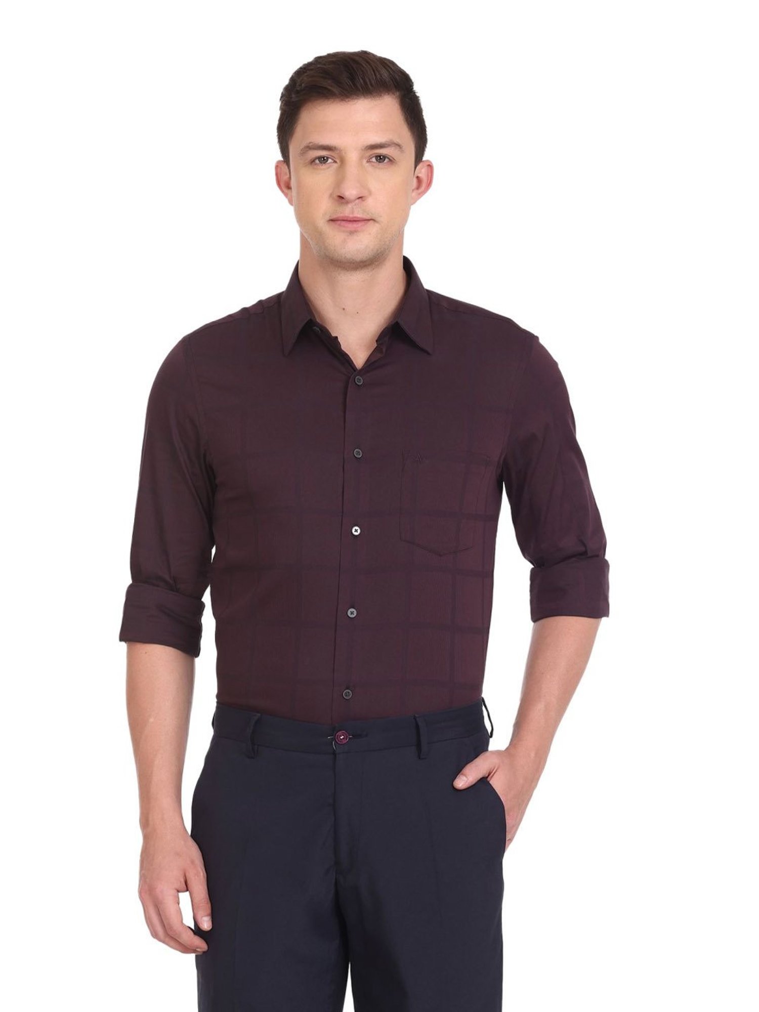 Arrow New York Maroon Cotton Slim Fit Checks Shirt