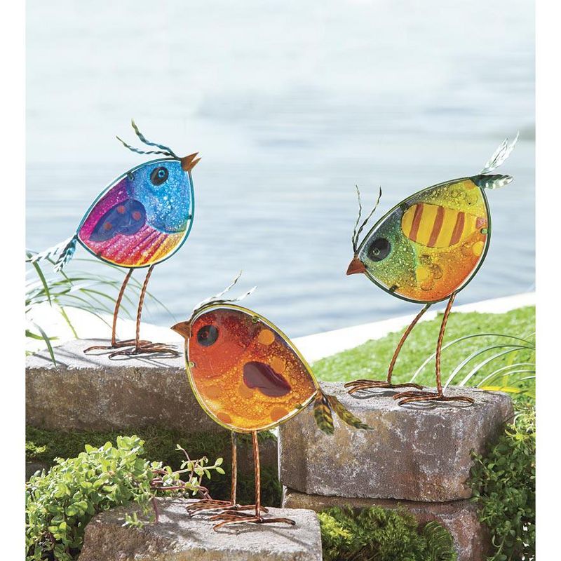Wind & Weather Indoor/Outdoor Metal and Colorful Iridescent Glass Bird Statues, Set of 3