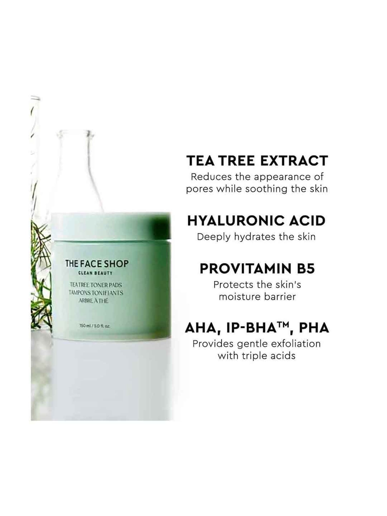 The Face Shop Tea Tree Toner Pads with AHA, IP-BHA & Hyaluronic Acid for Acne & Oily Skin - 150 ml