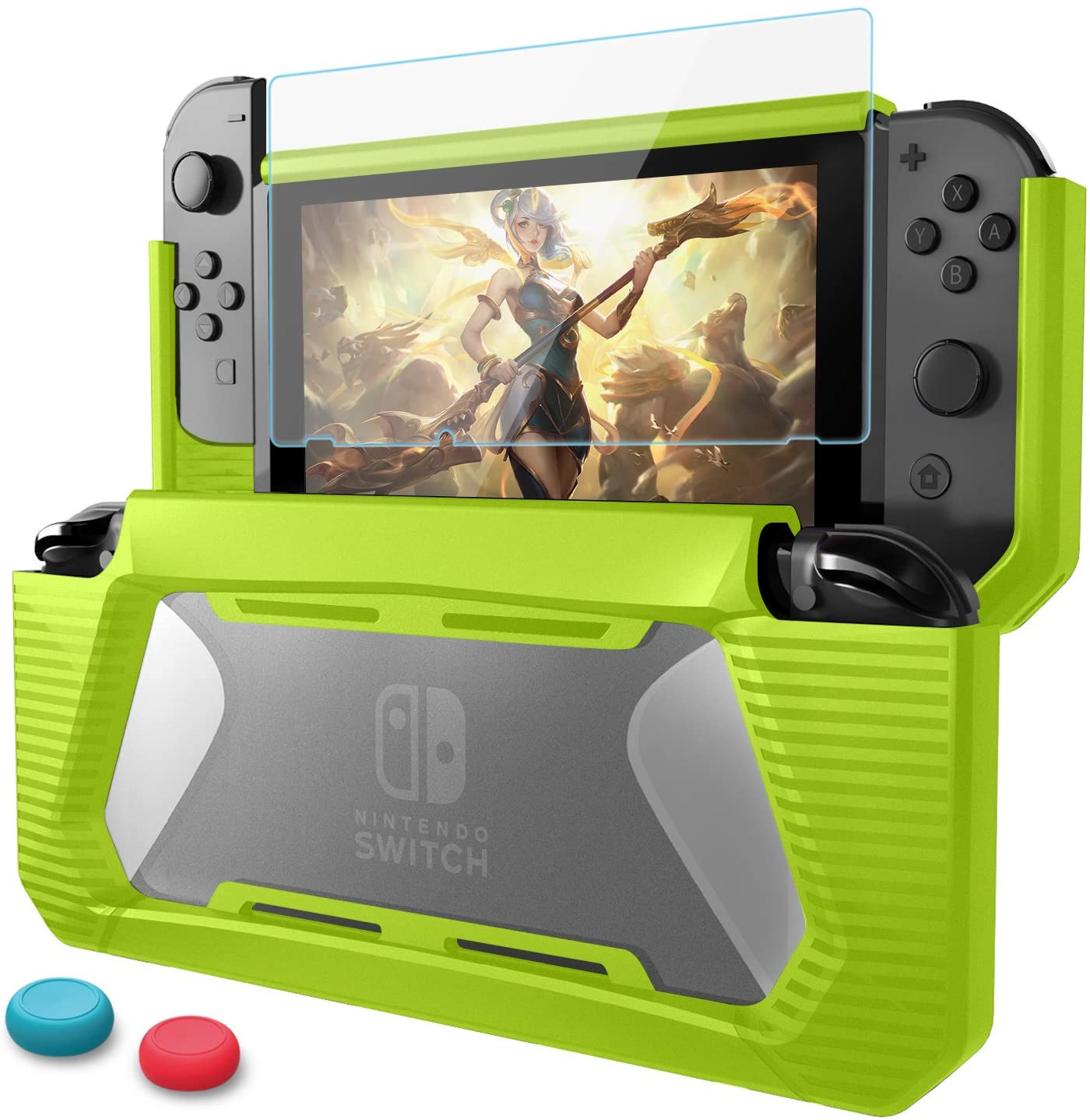HEYSTOP Compatible with Nintendo Switch Case with Screen Protector & 2 Thumb Cover Caps, TPU Protective Heavy Duty Cover Case for Nintendo Switch with Shock-Absorption and Anti-Scratch (Chartreuse)