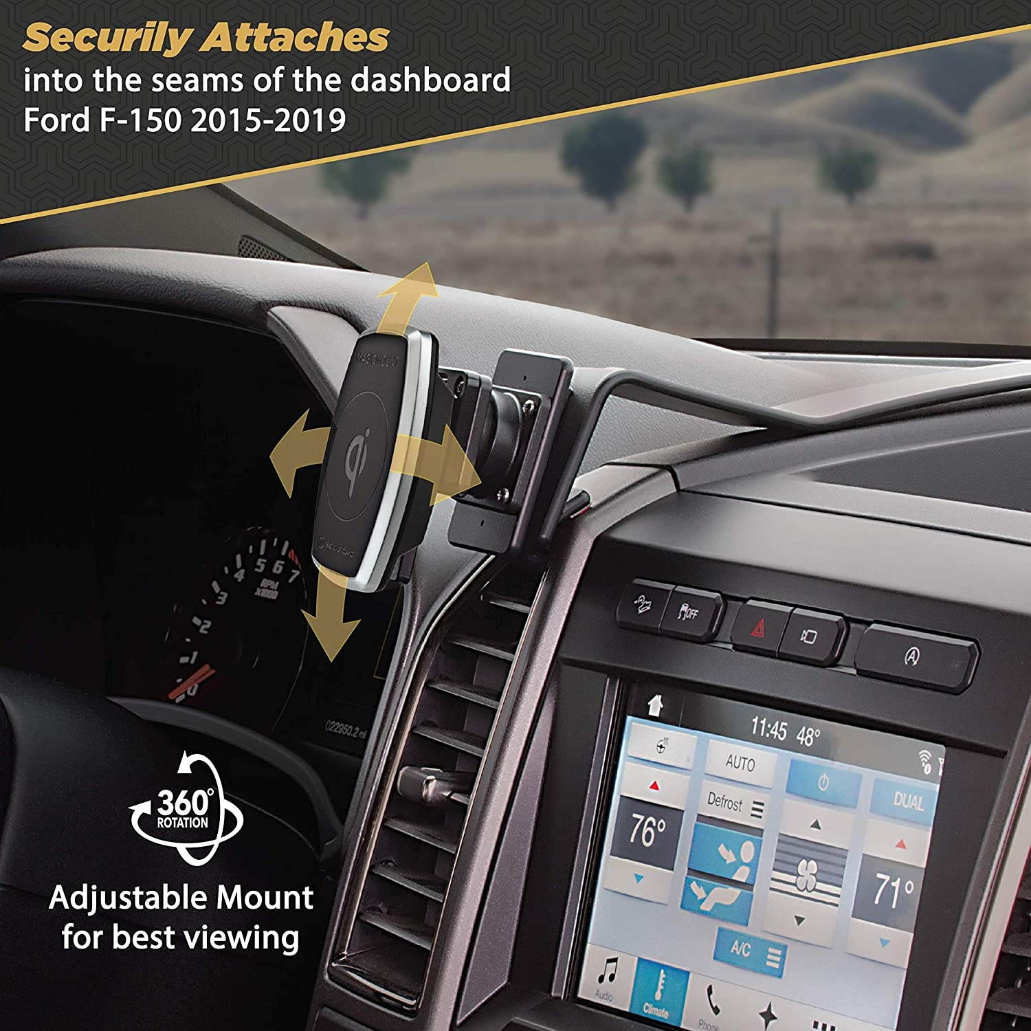 SCOSCHE PCQIFD01 ProClip Center Dash Mount with MagicMount Qi-Certified Charger Compatible with 2015 to 2020 Ford F-150 and Ford Raptor