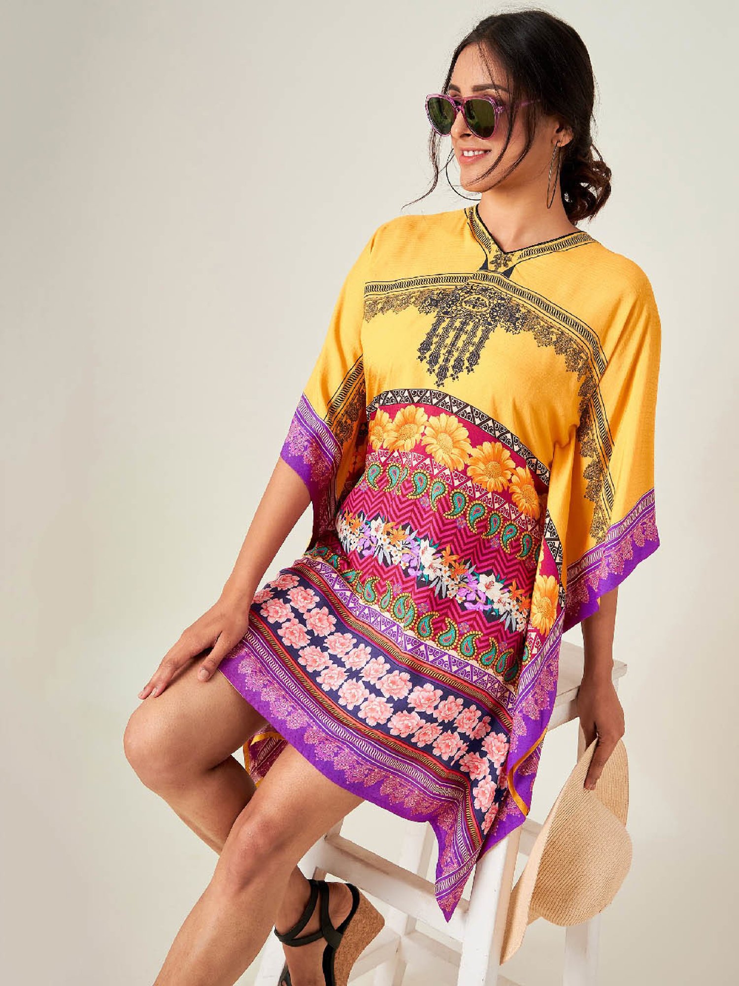 The Kaftan Company Yellow Printed Kaftan Dress
