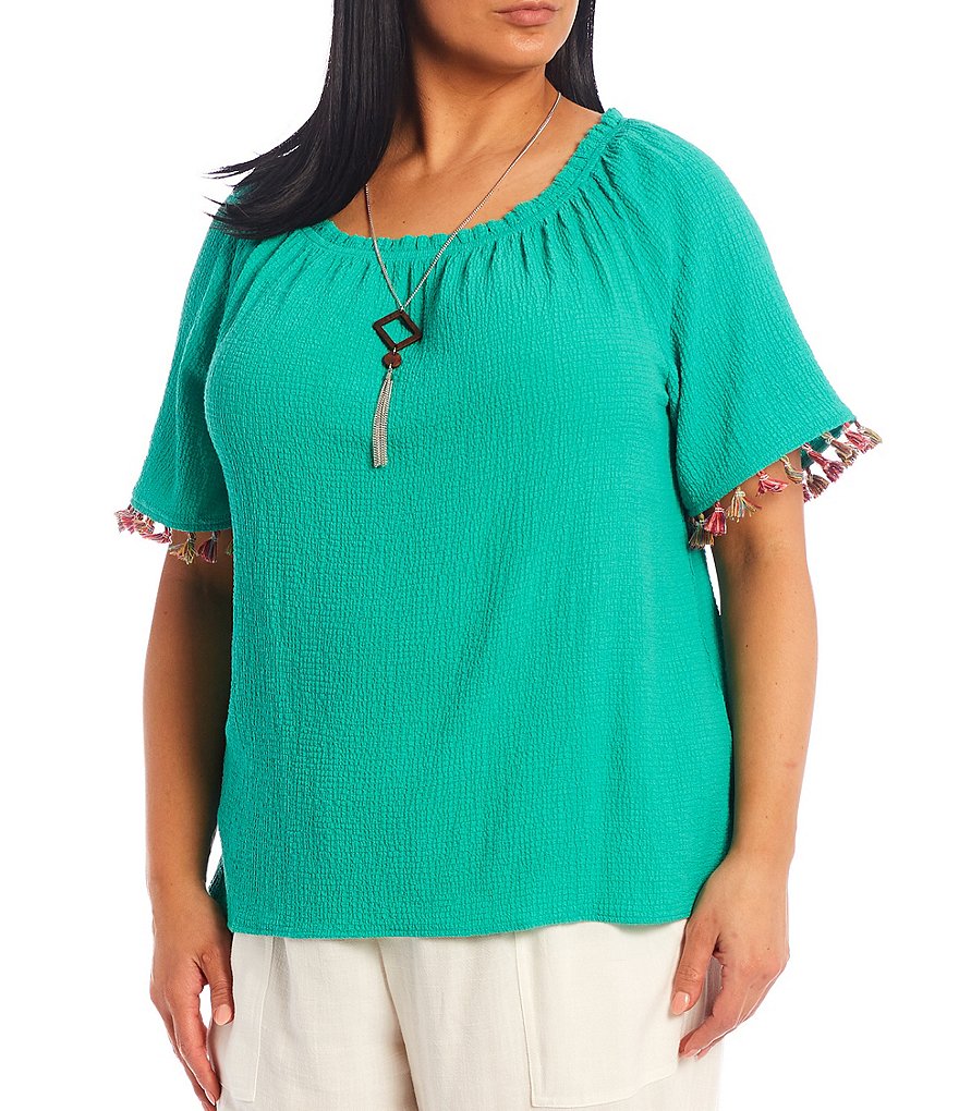 I.N. Studio Plus Size Pucker Woven Square Neck Tassel Trim Short Sleeve Necklace Top