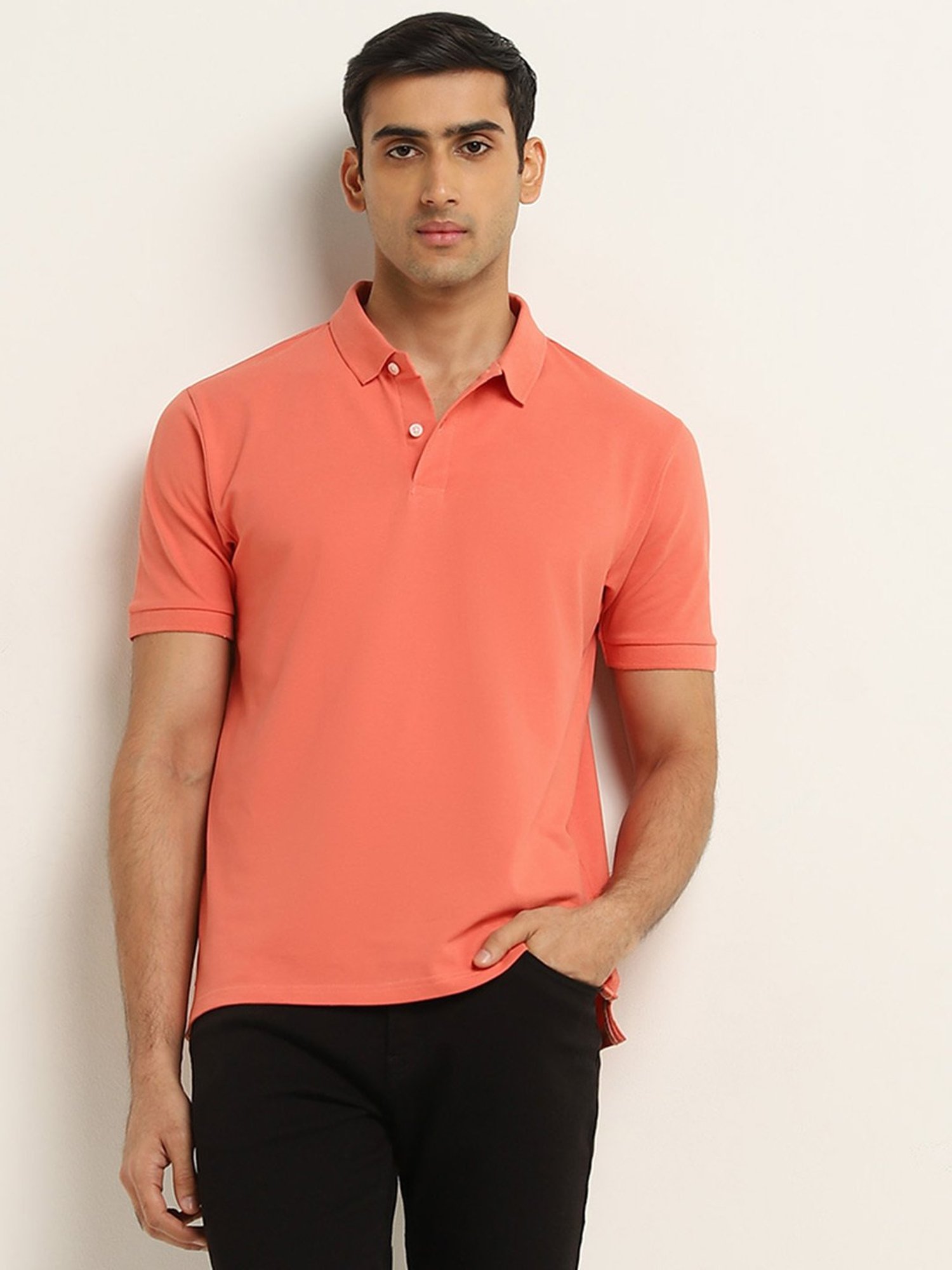 WES Casuals by Westside Coral Solid Slim Fit Polo T-Shirt