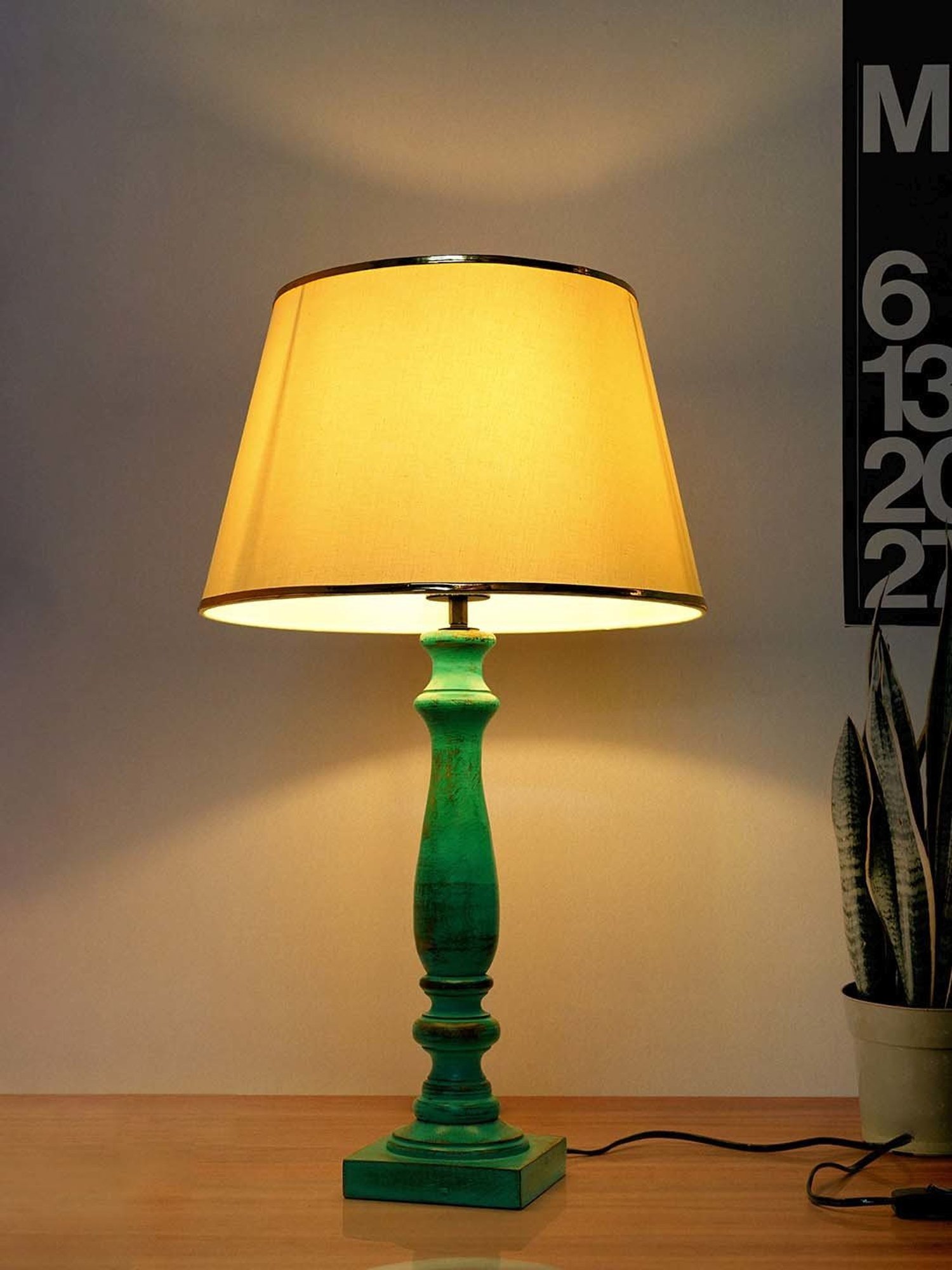 FOS LIGHTING Distressed Off-White & Green Wood Table Lamp With Fabric Shade