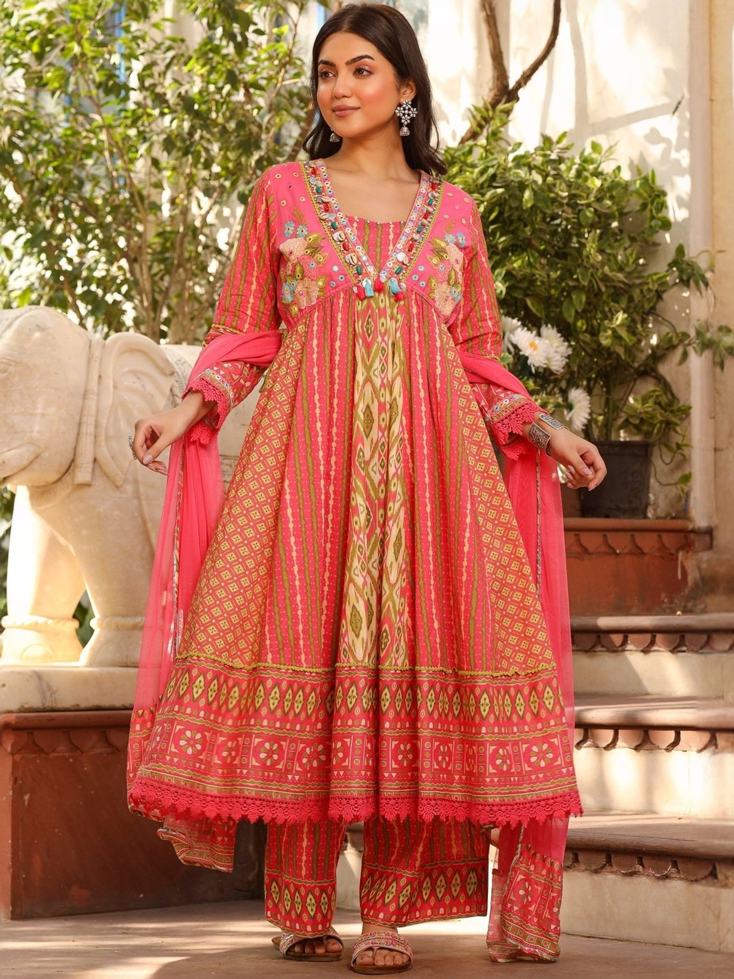 Juniper Pink Cotton Printed Kurta Palazzo Set With Dupatta