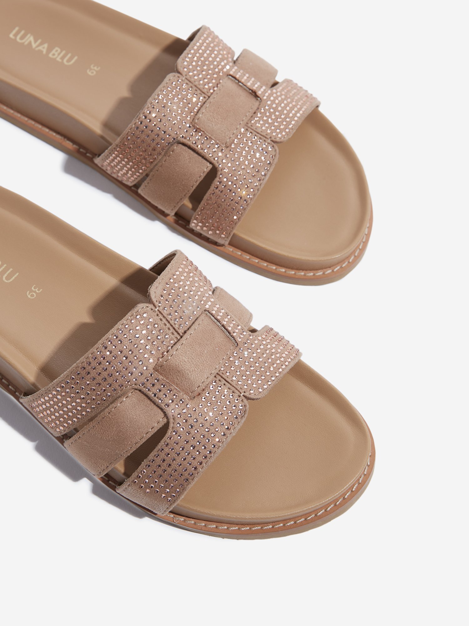 LUNA BLU by Westside Beige Embellished Multi-Strap Slides