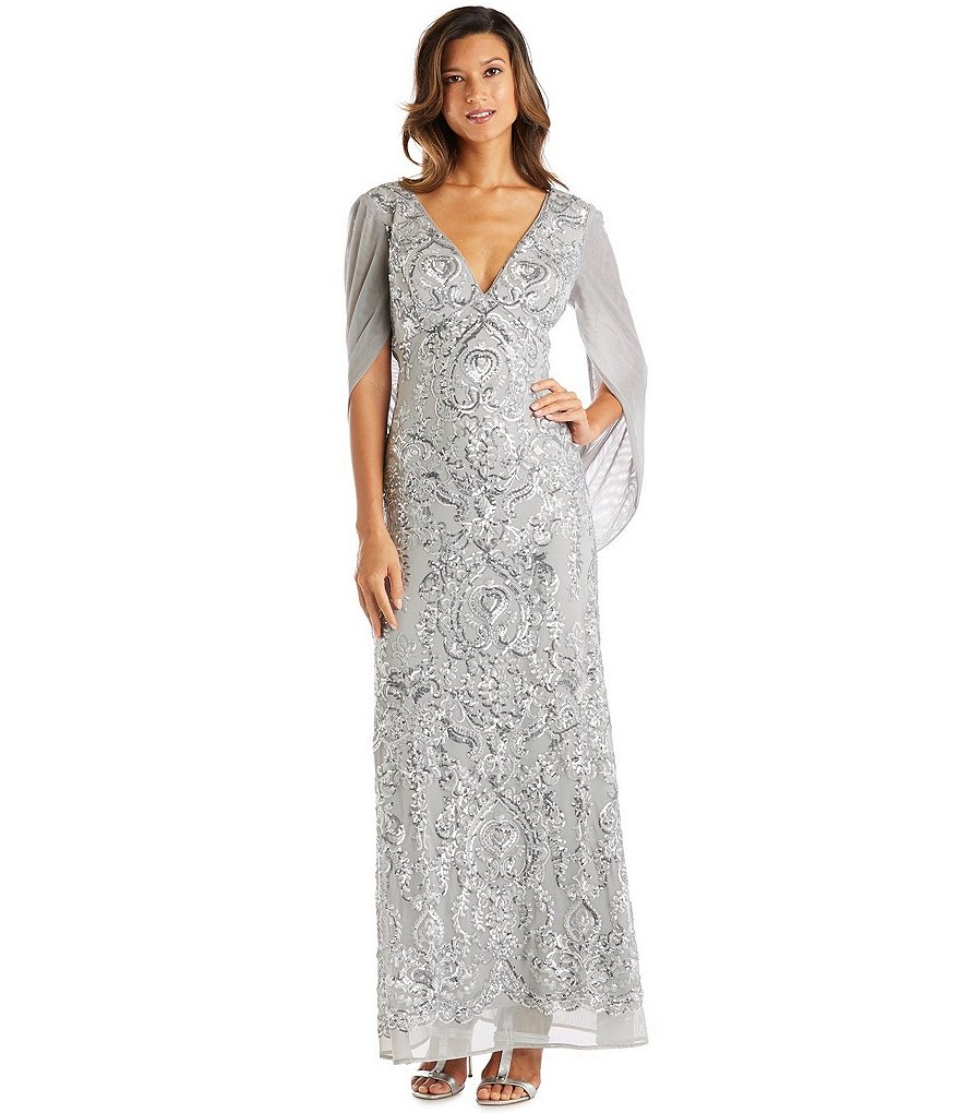 R & M Richards Matte Chiffon Draped Cowl Back Beaded Stretch Mesh Gown