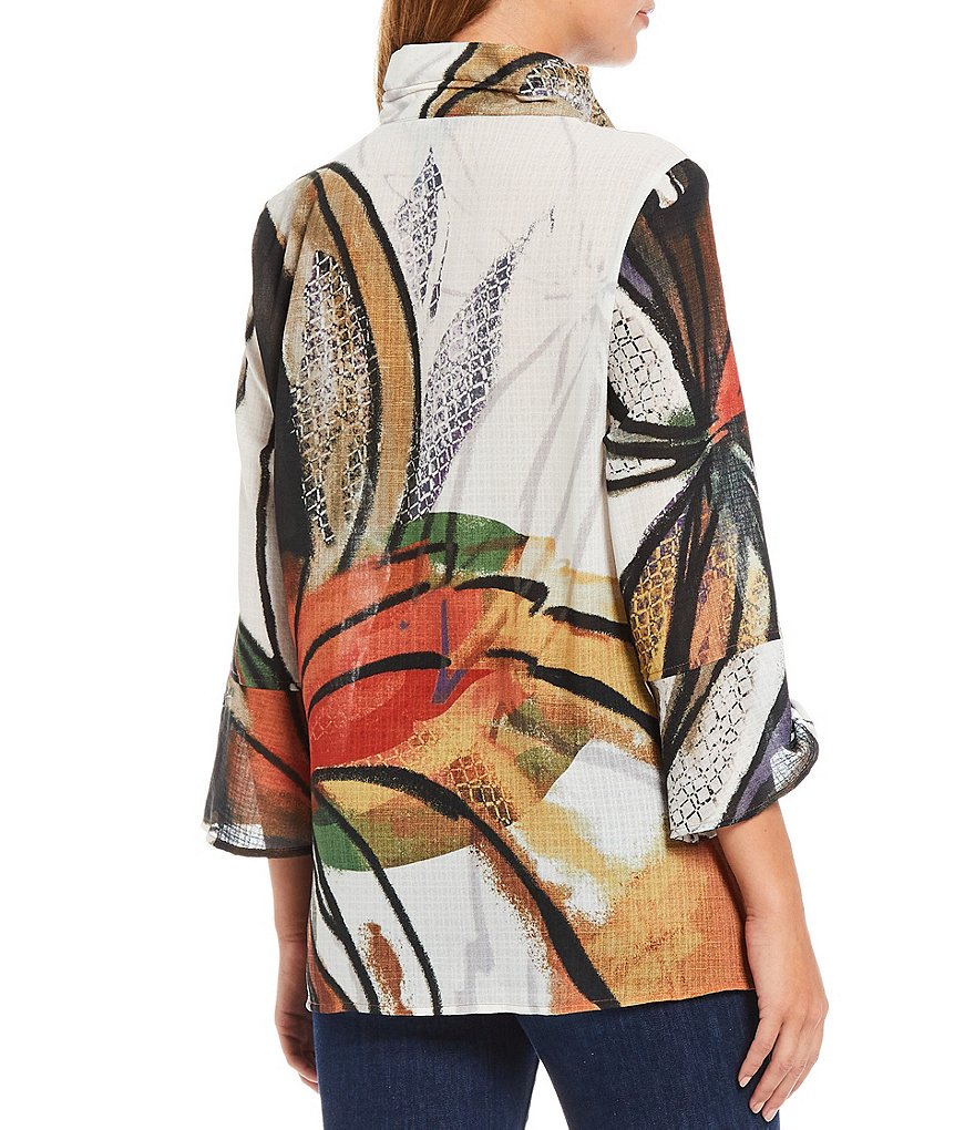 Ali Miles Petite Size Abstract Floral Print Button Front Floral Wire Neck 3/4 Bell Sleeve Jacket