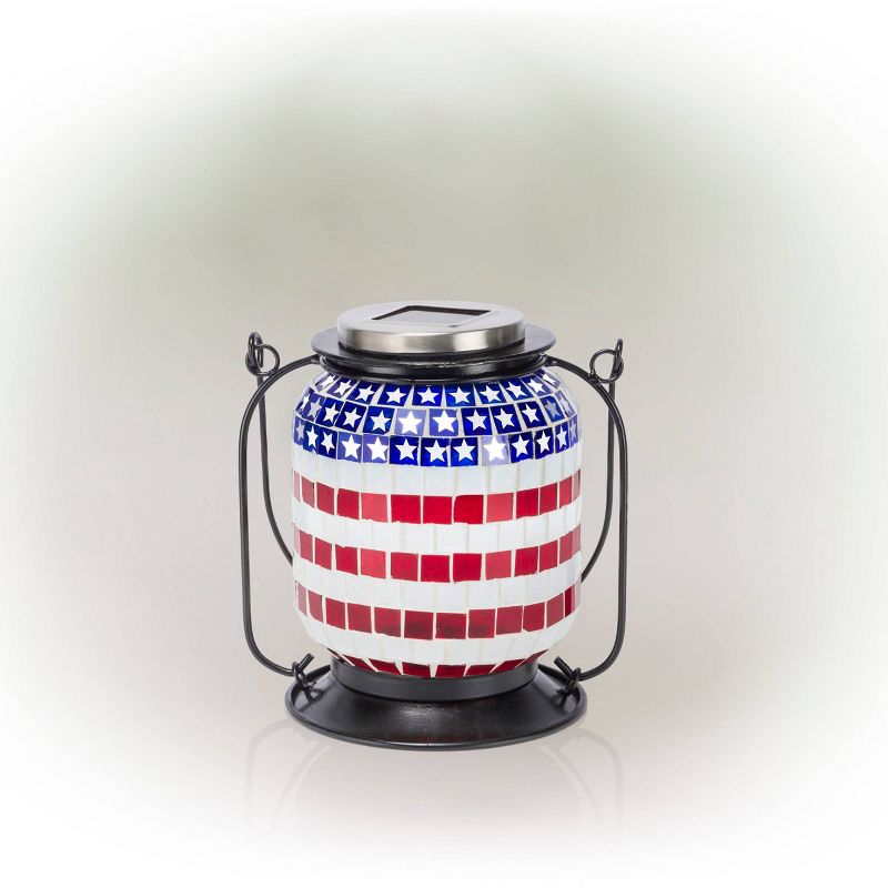 Alpine 7" Solar Patriotic Glass/Iron Hanging Lantern with LED Lights Cool White