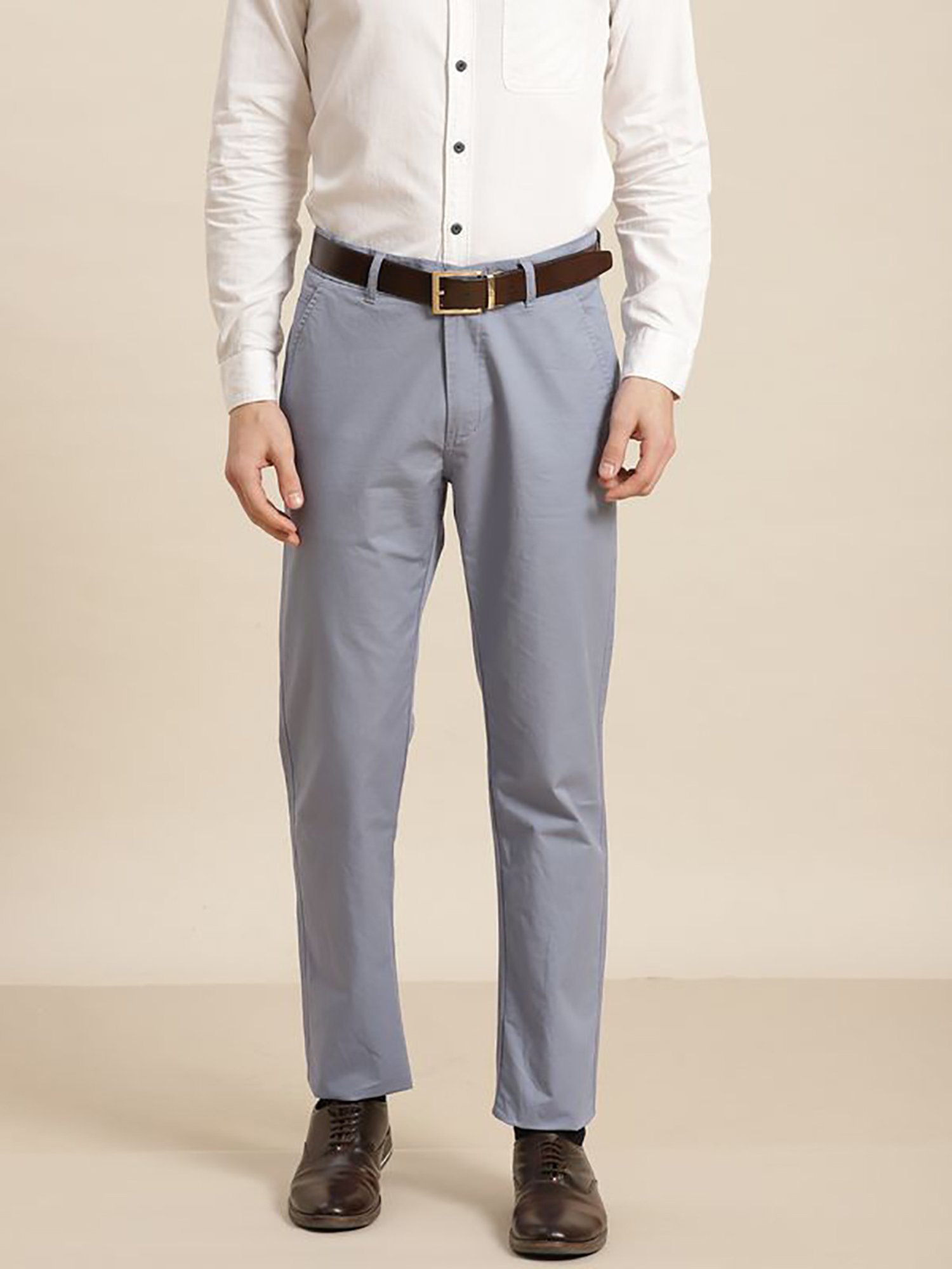 Hancock Blue Cotton Slim Fit Solid Trousers