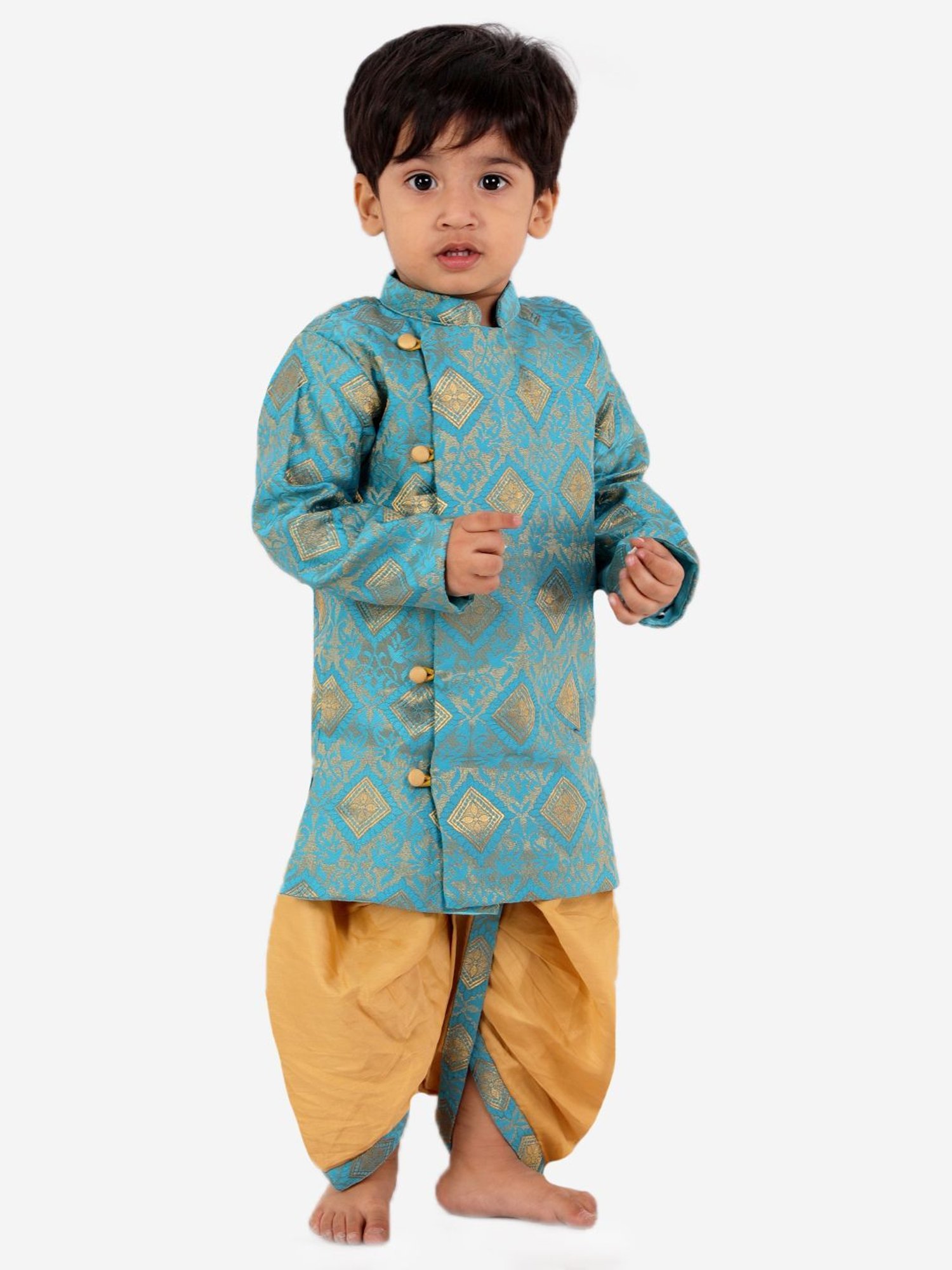 Little Bansi Kids Royal Blue Cotton Embellished Sherwani Set